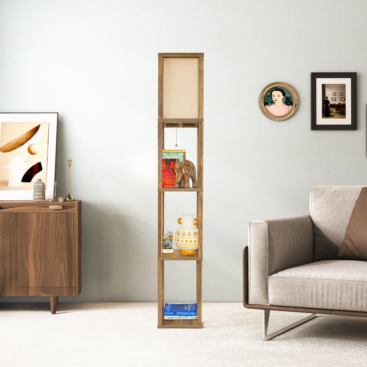 Pinnacle - Shelf Floor Lamp For Bedroom / Living Room, Long Shade - Natural Wood / White by Ashcroft Furniture | Bel Furniture