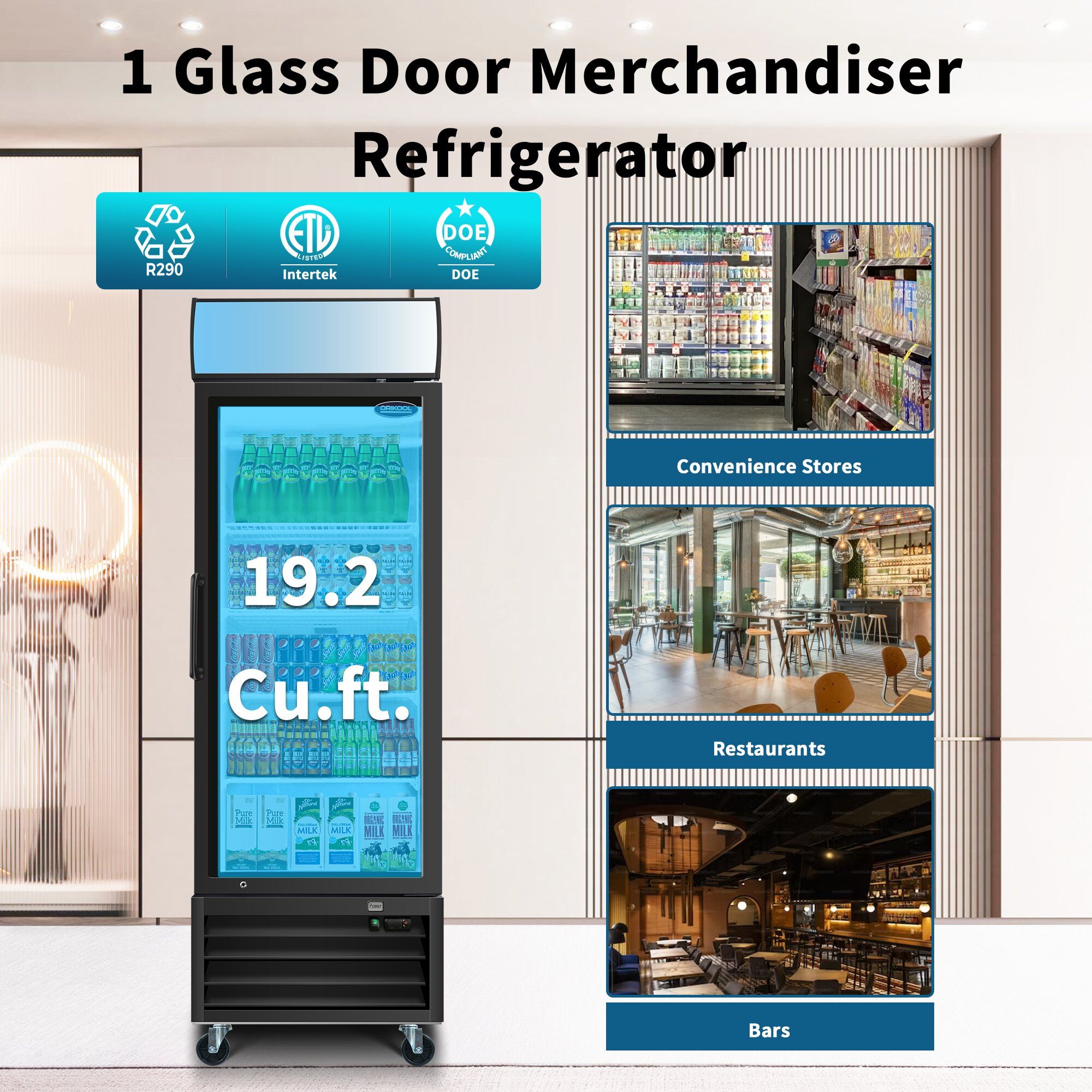 Glass Door Merchandiser Refrigerator Swing Door Commercial Display Refrigerators Merchandising Refrigeration With LED Top Panel