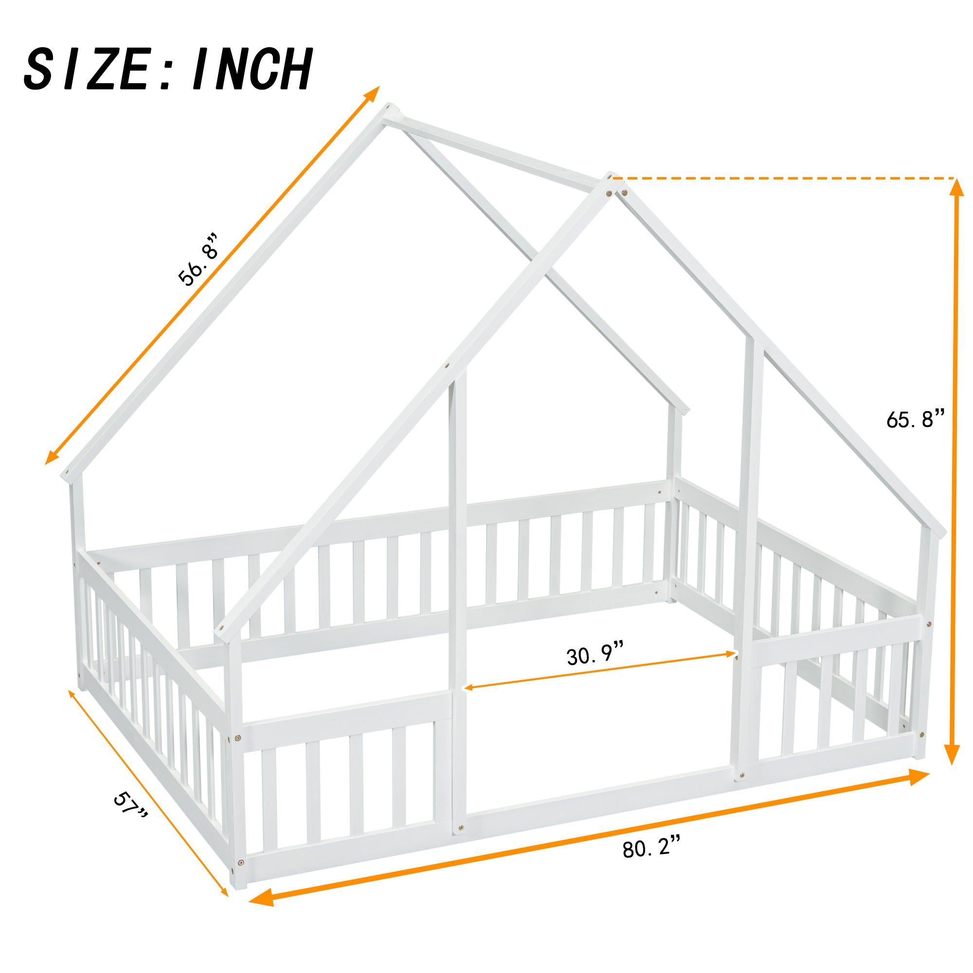 Wood House-Shaped Floor Bed With Fence, Guardrails