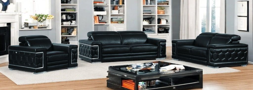 Three Piece Indoor Italian Leather Six Person Seating Set - Black