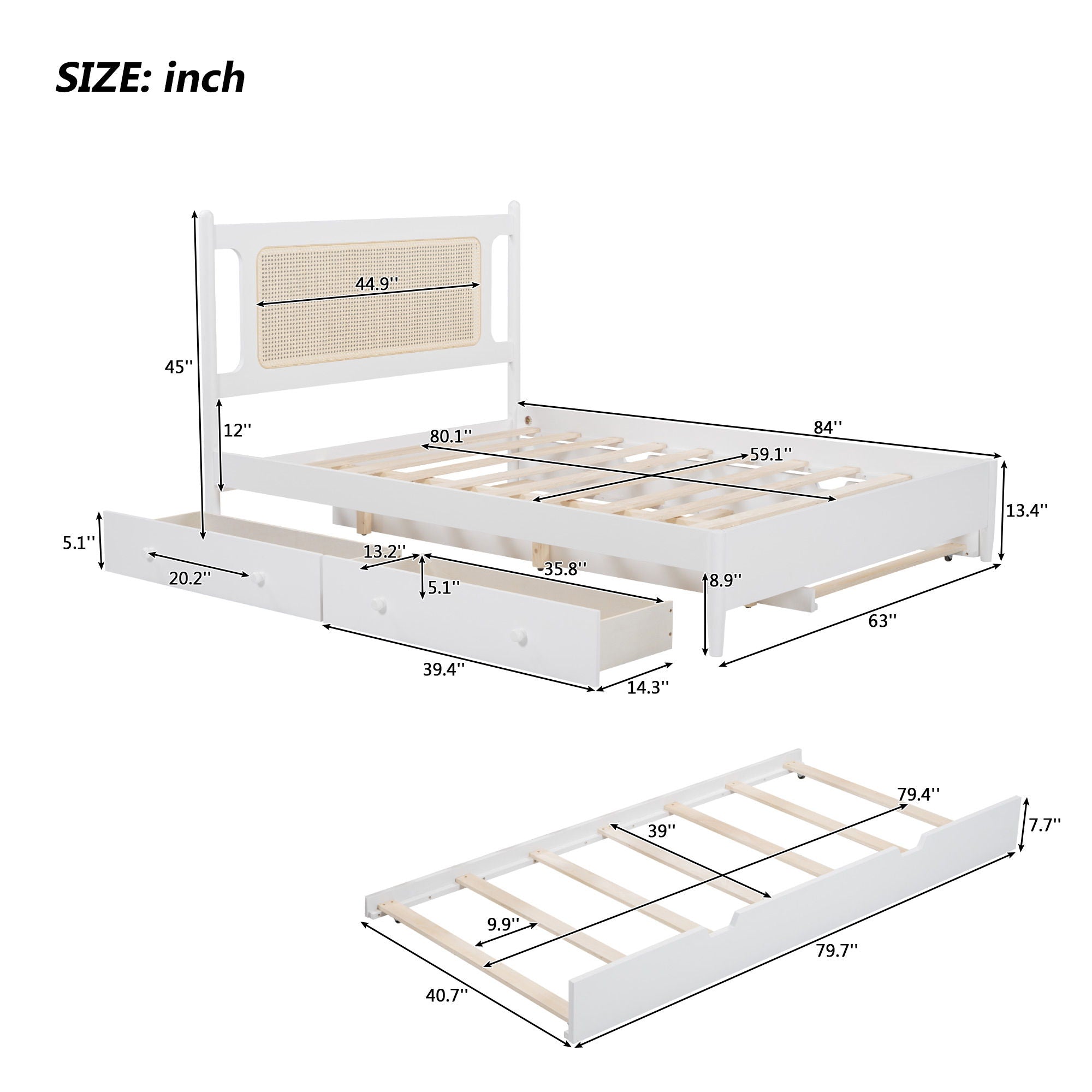 Wooden Rattan Platform Bed, With 2 Big Drawers & Trundle