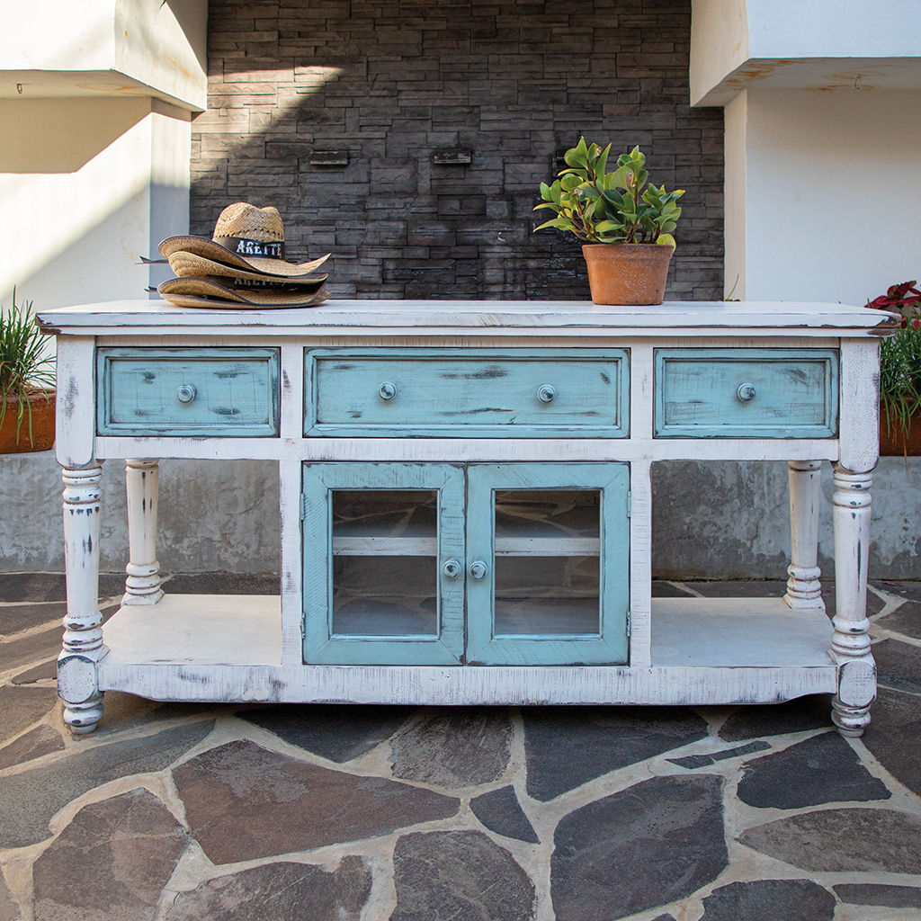 Open Shelving Distressed TV Stand - Blue / White