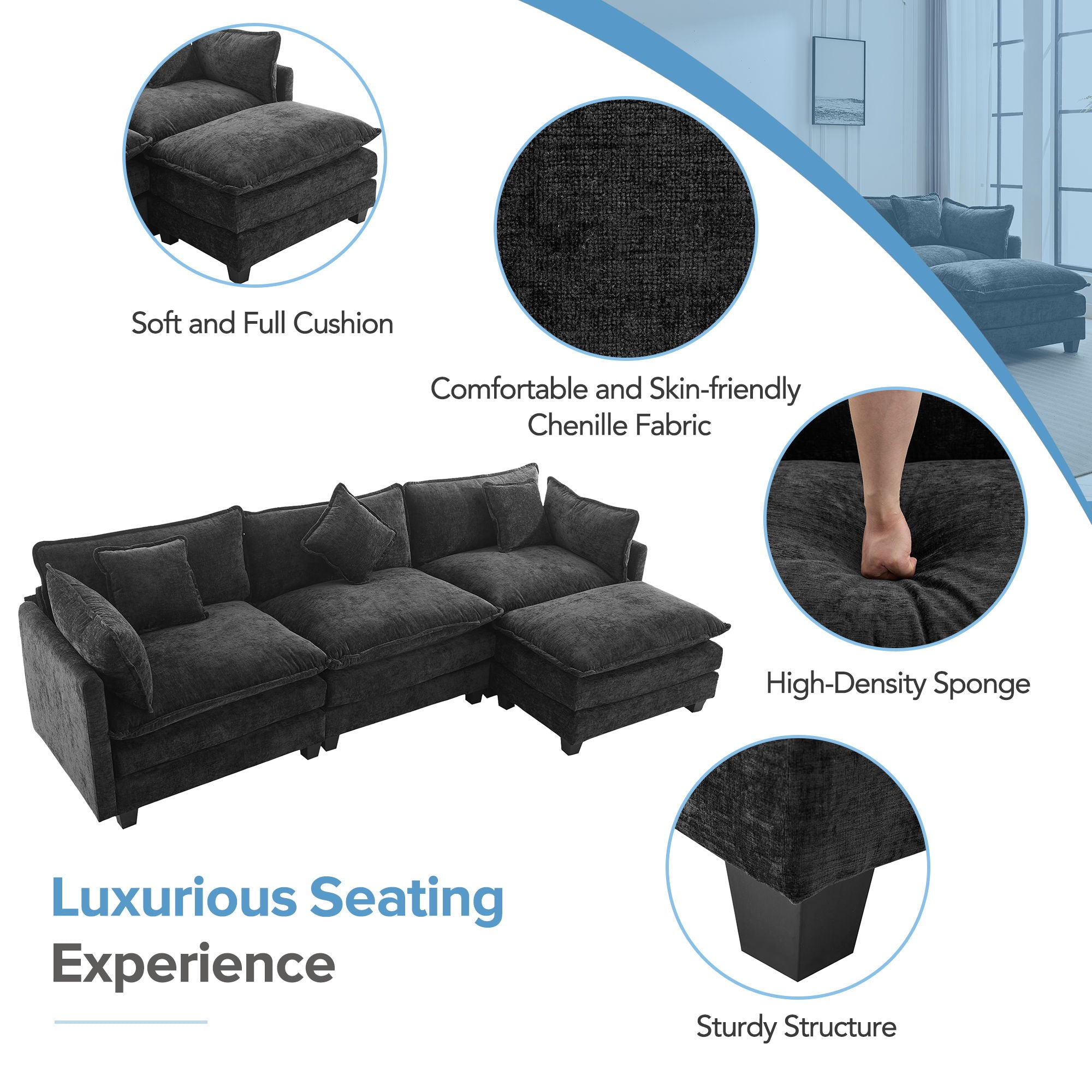 L-Shape Chenille Upholstered Sofa For Living Room Modern Luxury Sofa Couch With Ottoman And 5 Pillows For Living Room