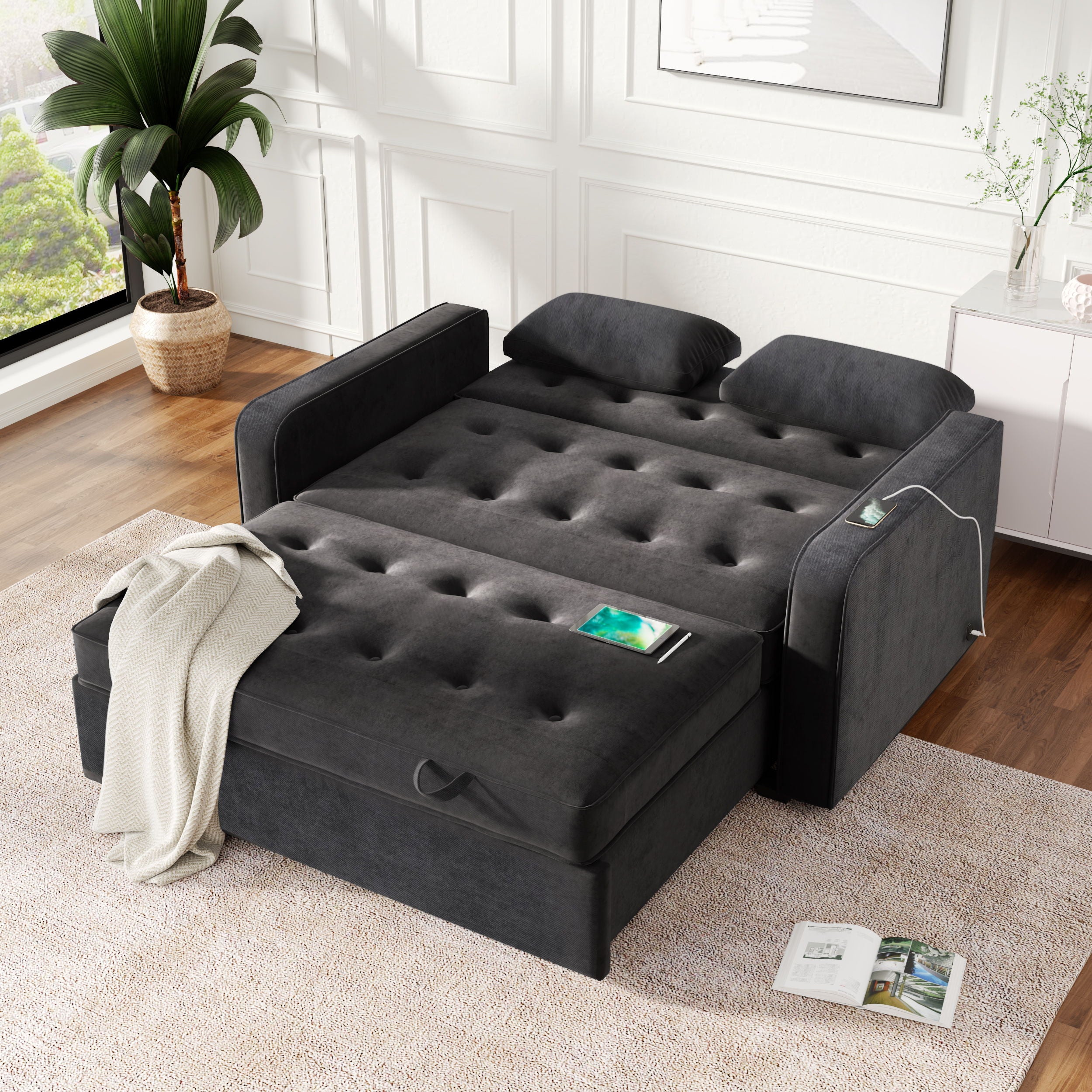 Upholstered Sleeper Bed, Pull Out Sofa Bed Couch Attached Two Throw Pillows, Dual USB Charging Port And Adjustable Backrest For Living Room Space