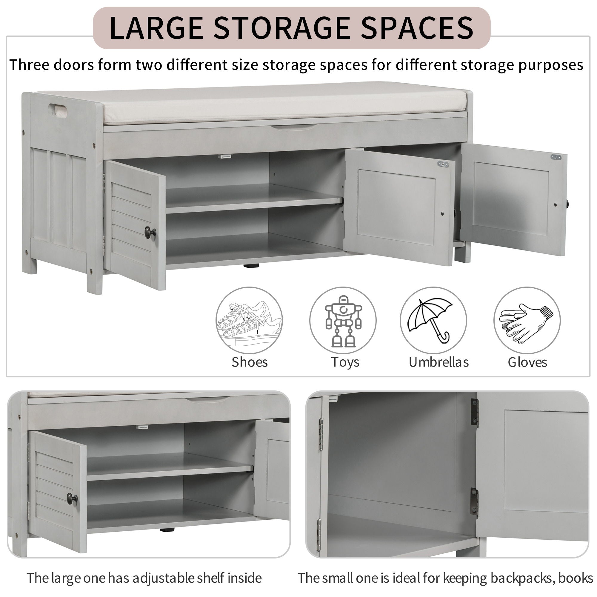 Storage Bench With 3 Shutter-Shaped Doors, Shoe Bench With Removable Cushion And Hidden Storage Space