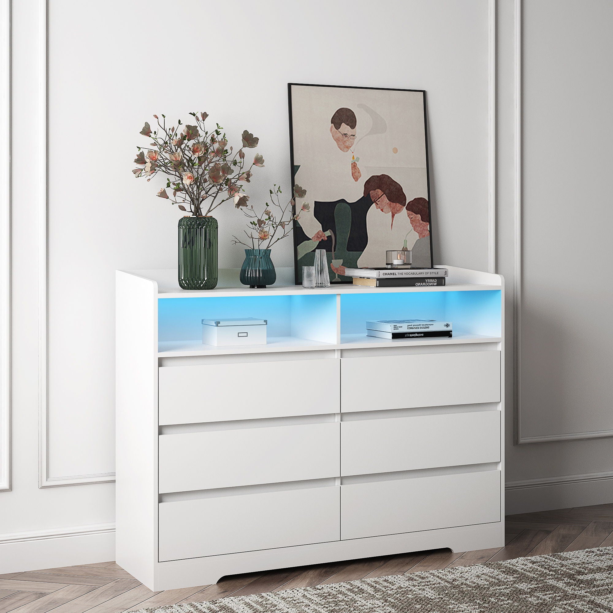 6 Drawer Dresser For Bedroom With LED Lights, Sturdy Frame - White