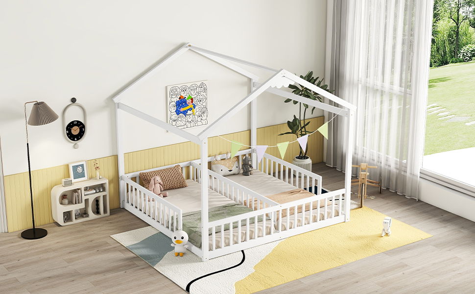 Double Twin House-Style Floor Bed With Fence, Guardrails, Without Door