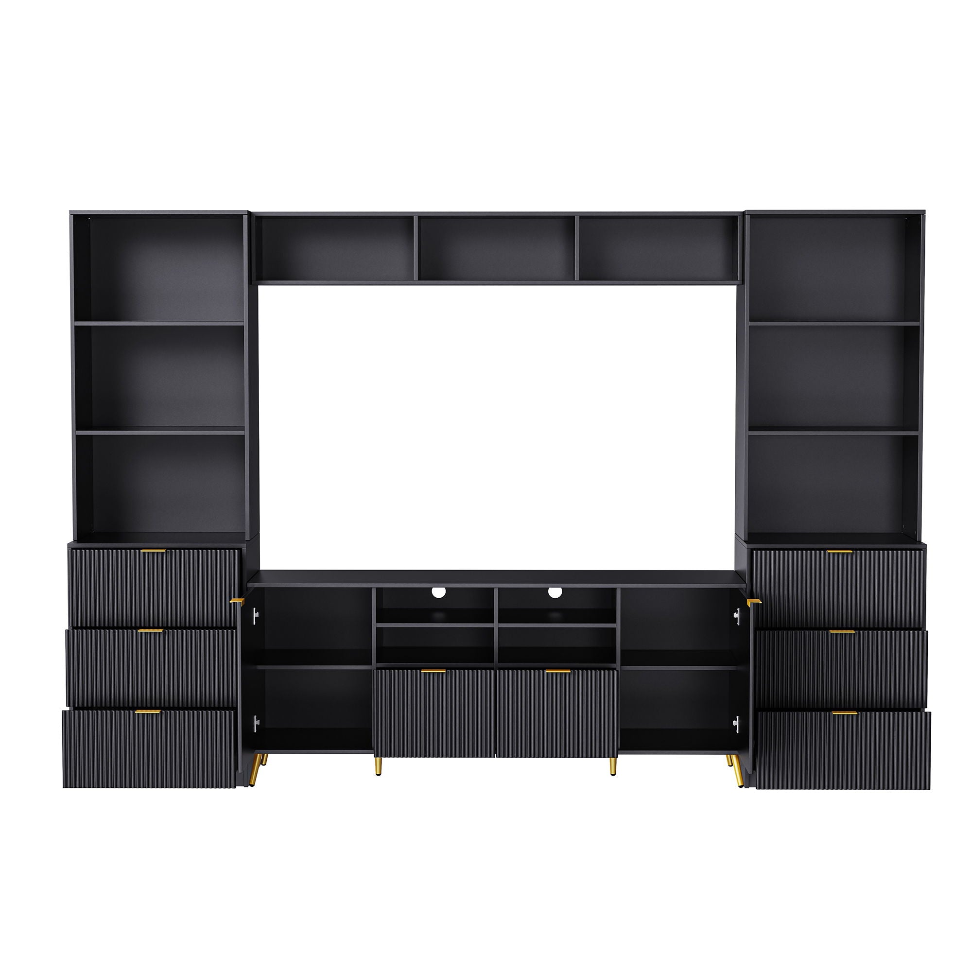 4 Piece Entertainment Wall Unit With 13 Shelves, 8 Drawers And 2 Cabinets, Multifunctional TV Stand Media Storage Cabinet With Fluted Line Surface For Living Room, For TVs Up To 70"