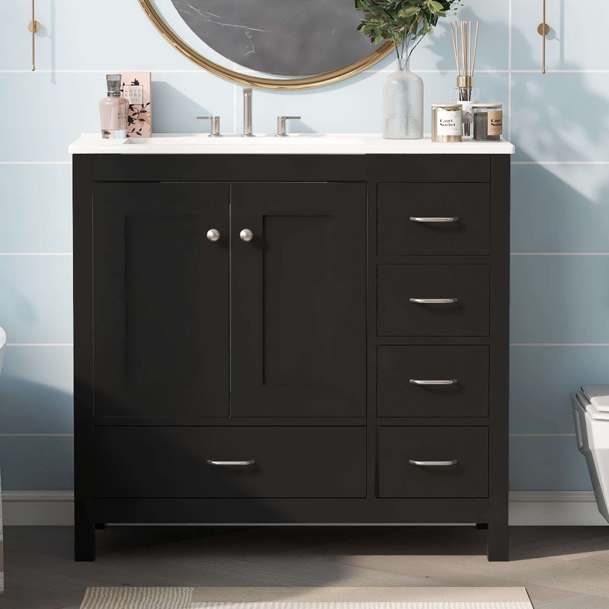 Bathroom Vanity With Ceramic Sink Combo, Abundant Storage Cabinet -2 Soft-Close Doors And 5 Drawers