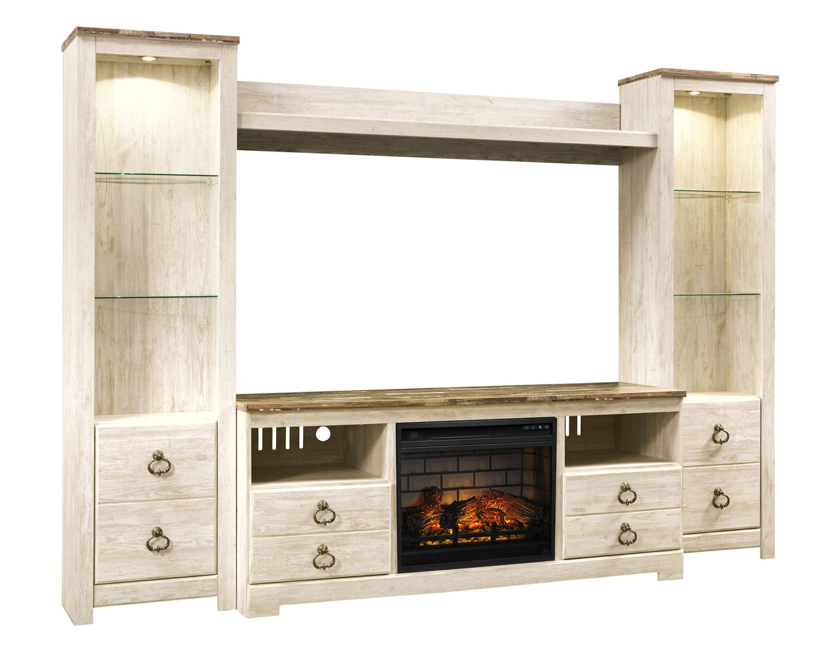 Willowton - Whitewash - Entertainment Center - TV Stand With Faux Firebrick Fireplace Insert by Signature Design by Ashley® | Bel Furniture