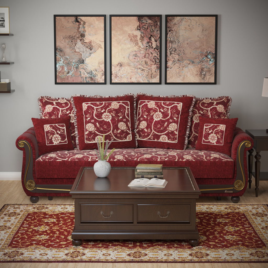 Chenille Paisley Sleeper Sofa And Toss Pillows - Burgundy