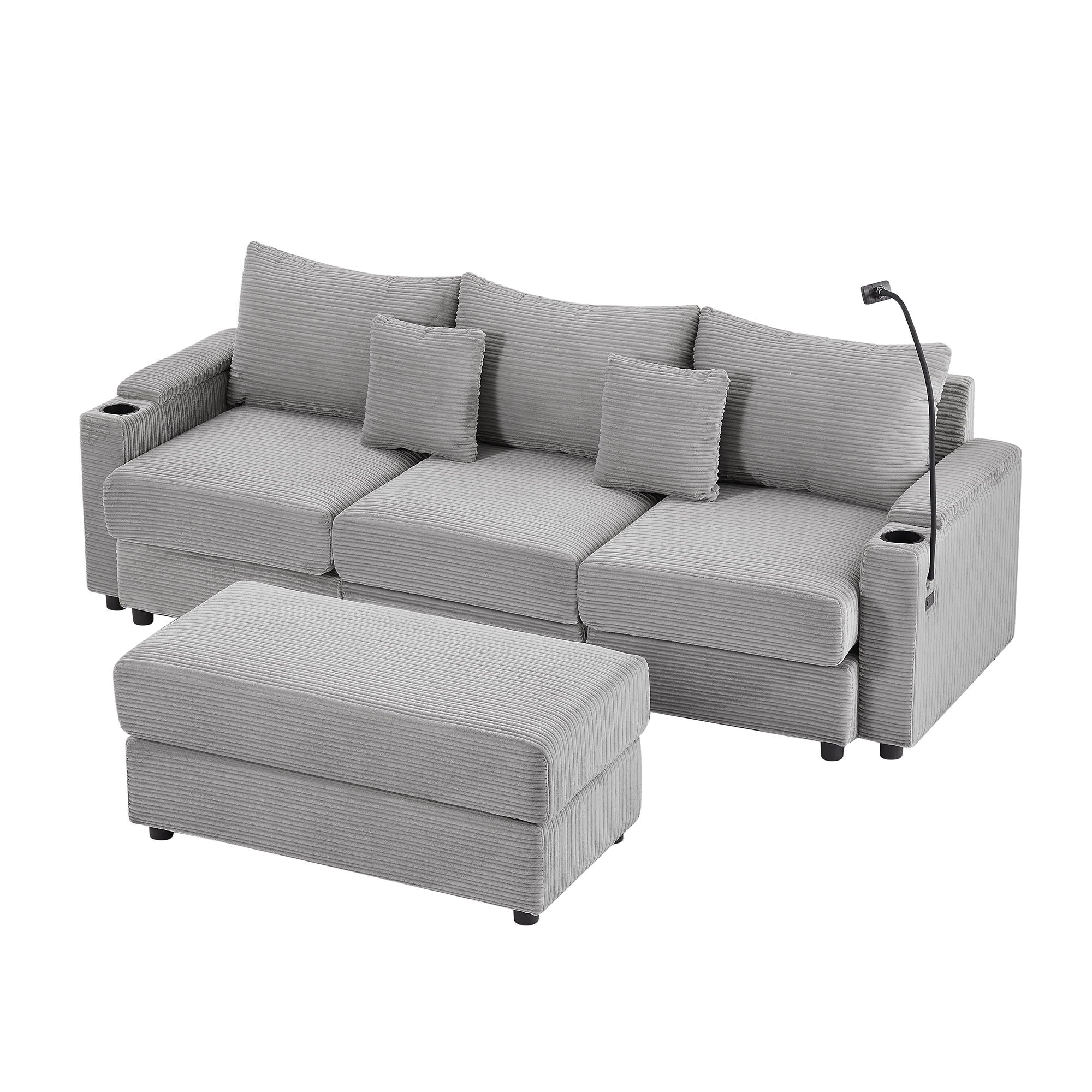 Modern Style Loveseat Sofa Sectional Sofa Couch With Storage Space, A Movable Ottoman, Two USB Ports, Two Cup Holders, A Phone Holder For Living Room