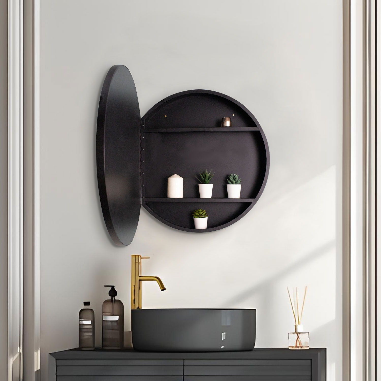 24X24" Black Metal Framed Wall Mount Bathroom Medicine Cabinet With Mirror - Black / Silver