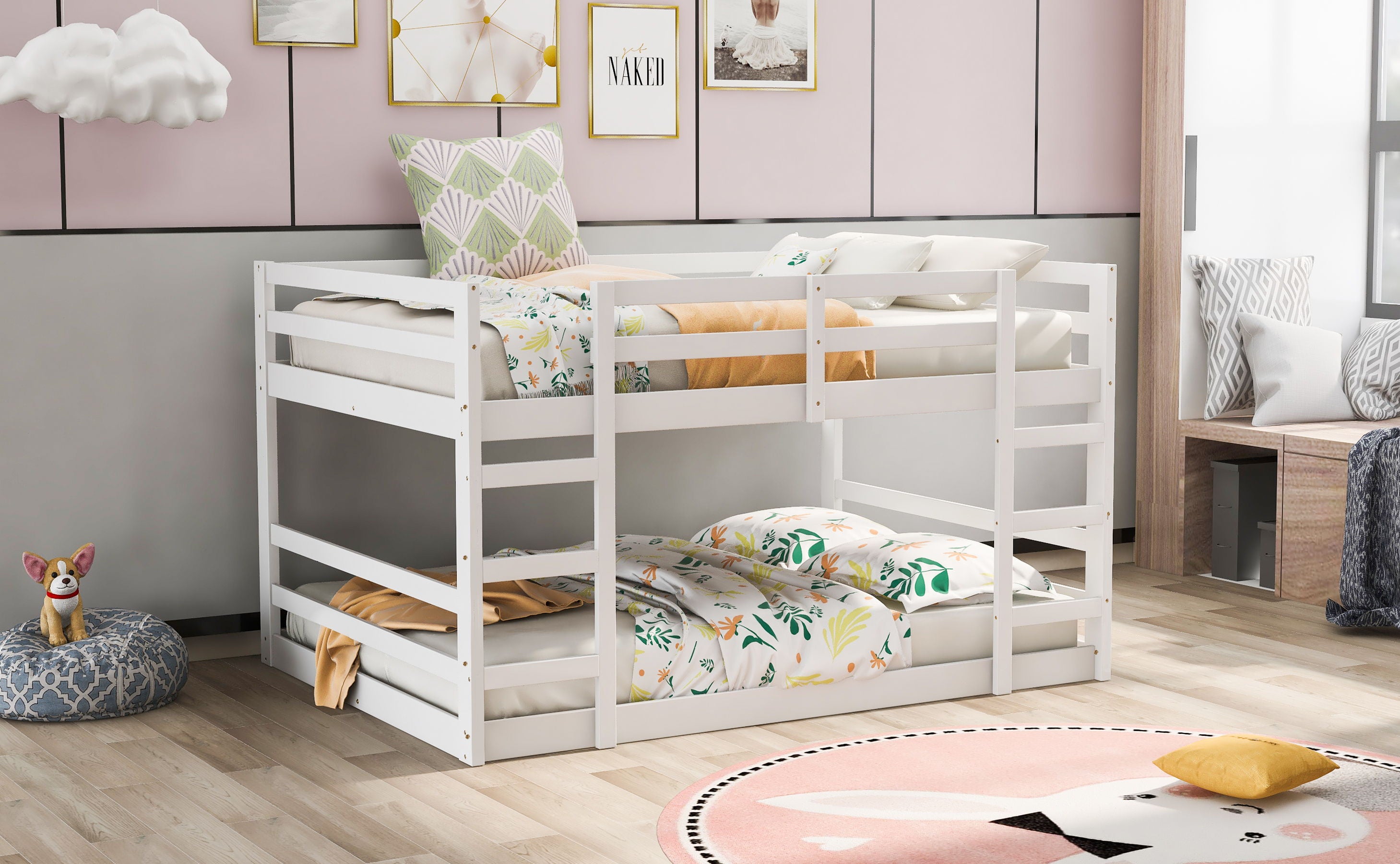 Full Over Full Bunk Bed With Ladder - White