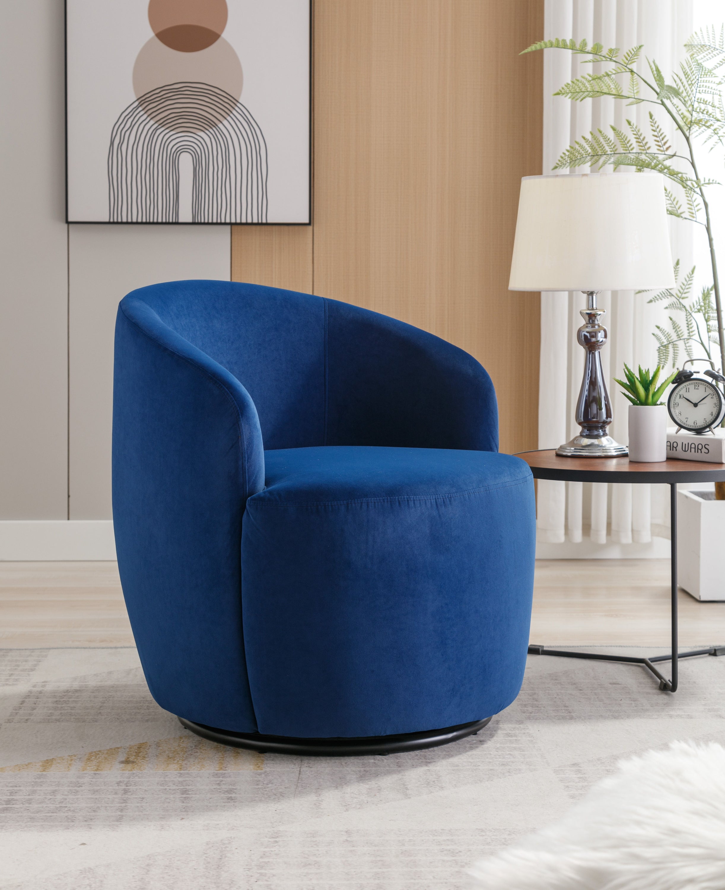 Velvet Fabric Swivel Accent Armchair Barrel Chair With Powder Coating Metal Ring