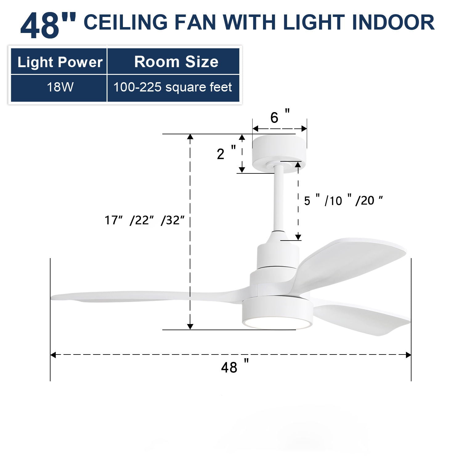 Indoor Wood Ceiling Fan With 3 Solid Wood Blades Remote Control Reversible Dc Motor For Living Room - White