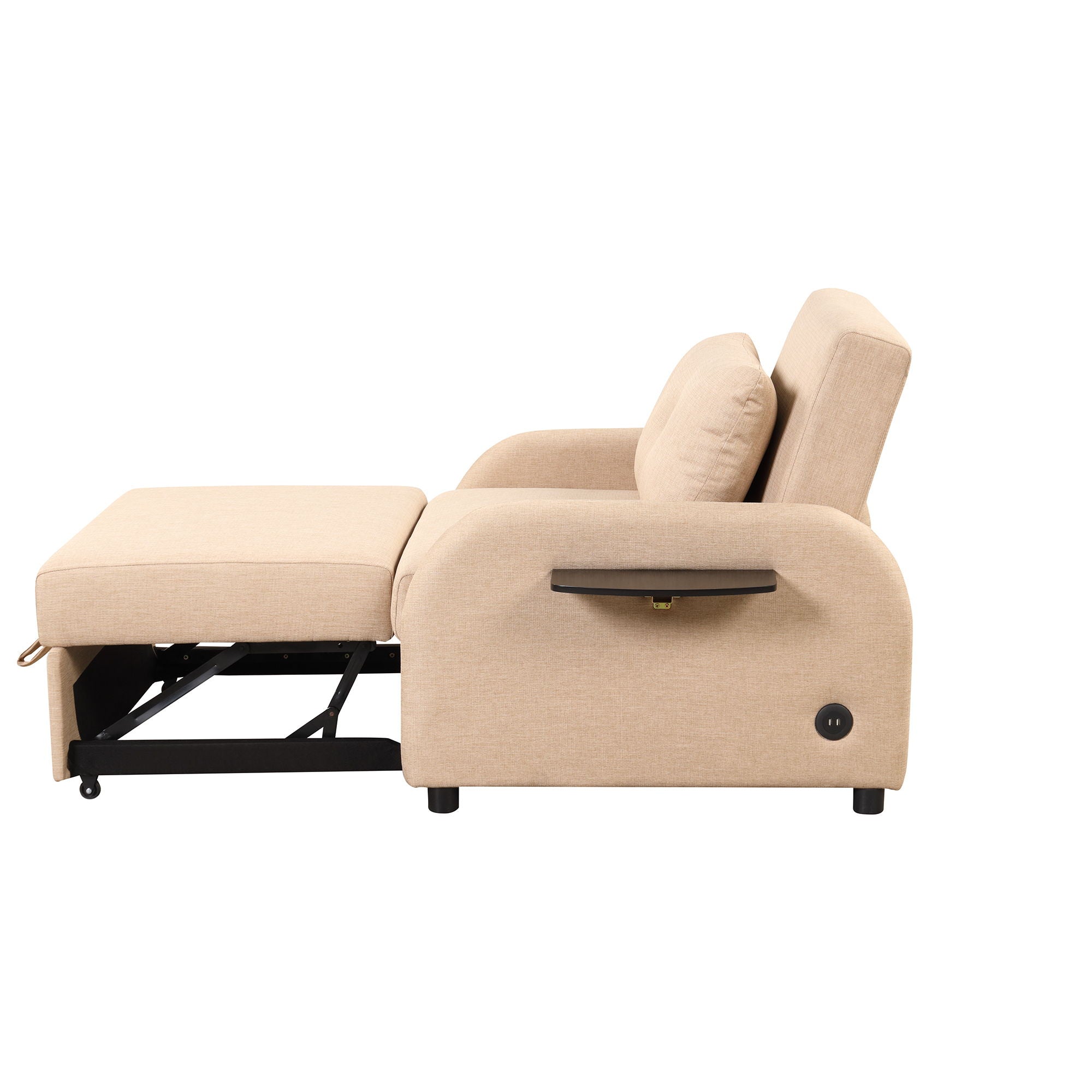 Pull Out Sofa Sleeper 3 In 1 With 2 Wing Table And USB Charge For Nap Line Fabric For Living Room Recreation Room