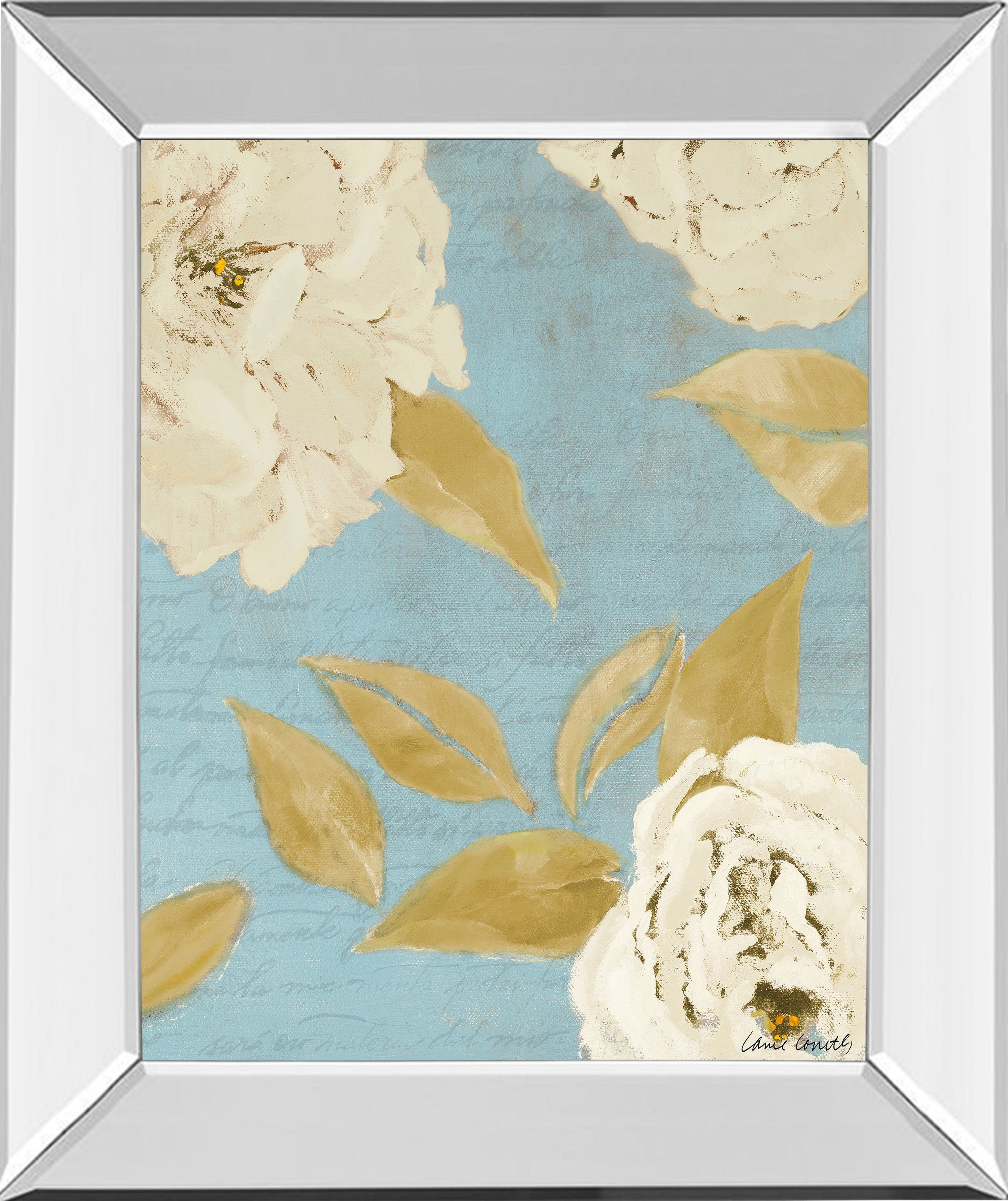 Scripted Poetic Peonies I By Lanie Loreth - Mirror Framed Print Wall Art - Blue