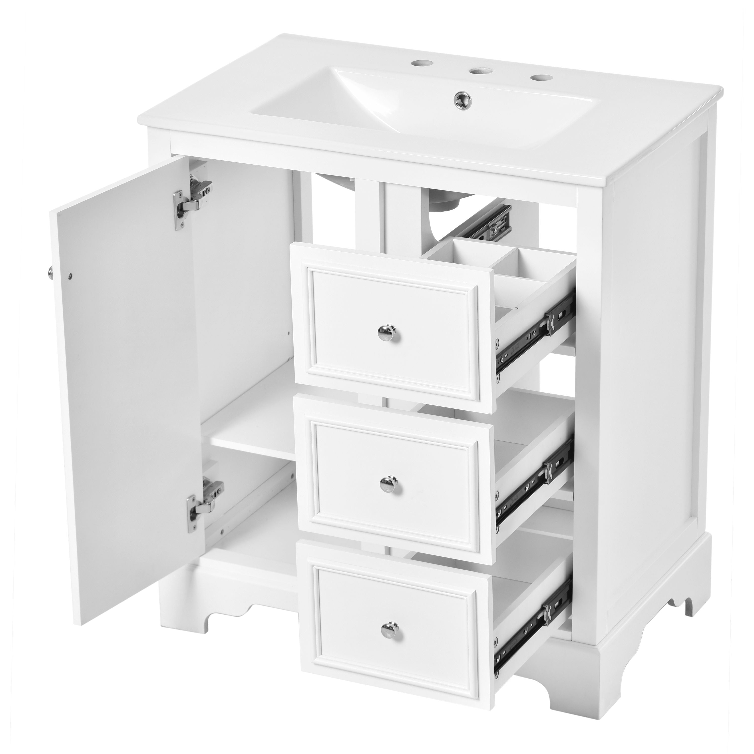 Bathroom Vanity Cabinet With Ceramic Basin, 3 Drawers And Adjustable Shelves