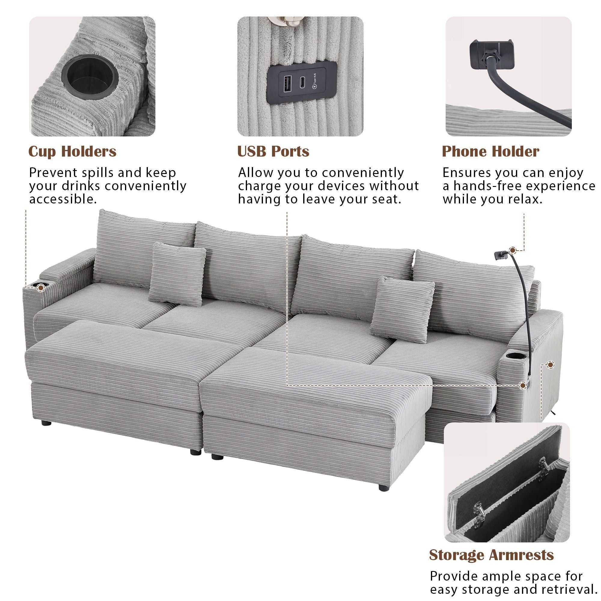 Modern Style Loveseat Sofa Sectional Sofa Couch With Storage Space, A Movable Ottoman, Two USB Ports, Two Cup Holders, A Phone Holder For Living Room