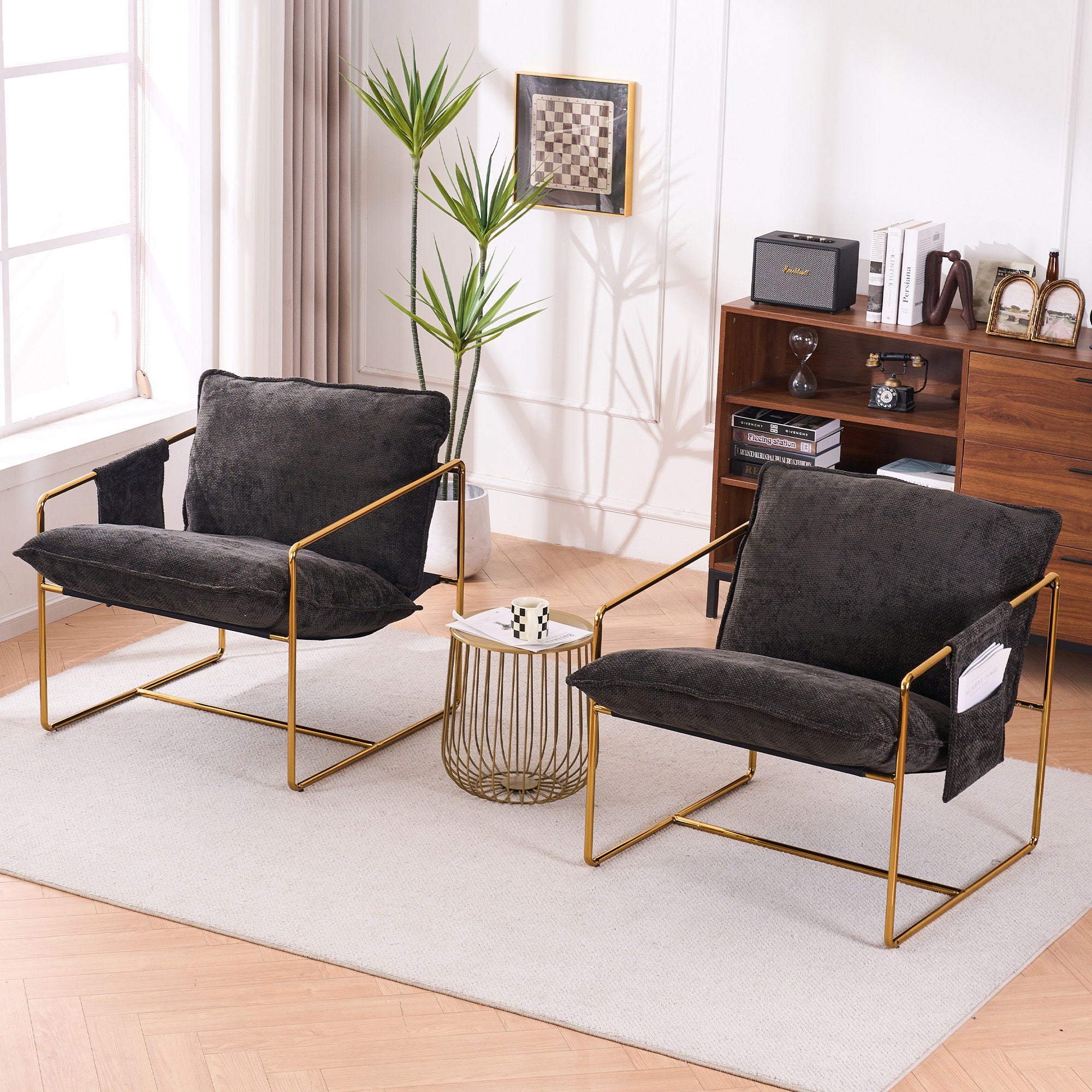 Upholstered Hanging Armchair With Arm Pocketsmetal Frame (Set of 2), Gold-Plated Craftsmanship, Crushed Foam Cushions And Skin-Friendly Woven Fabric For Living Room And Bedroom