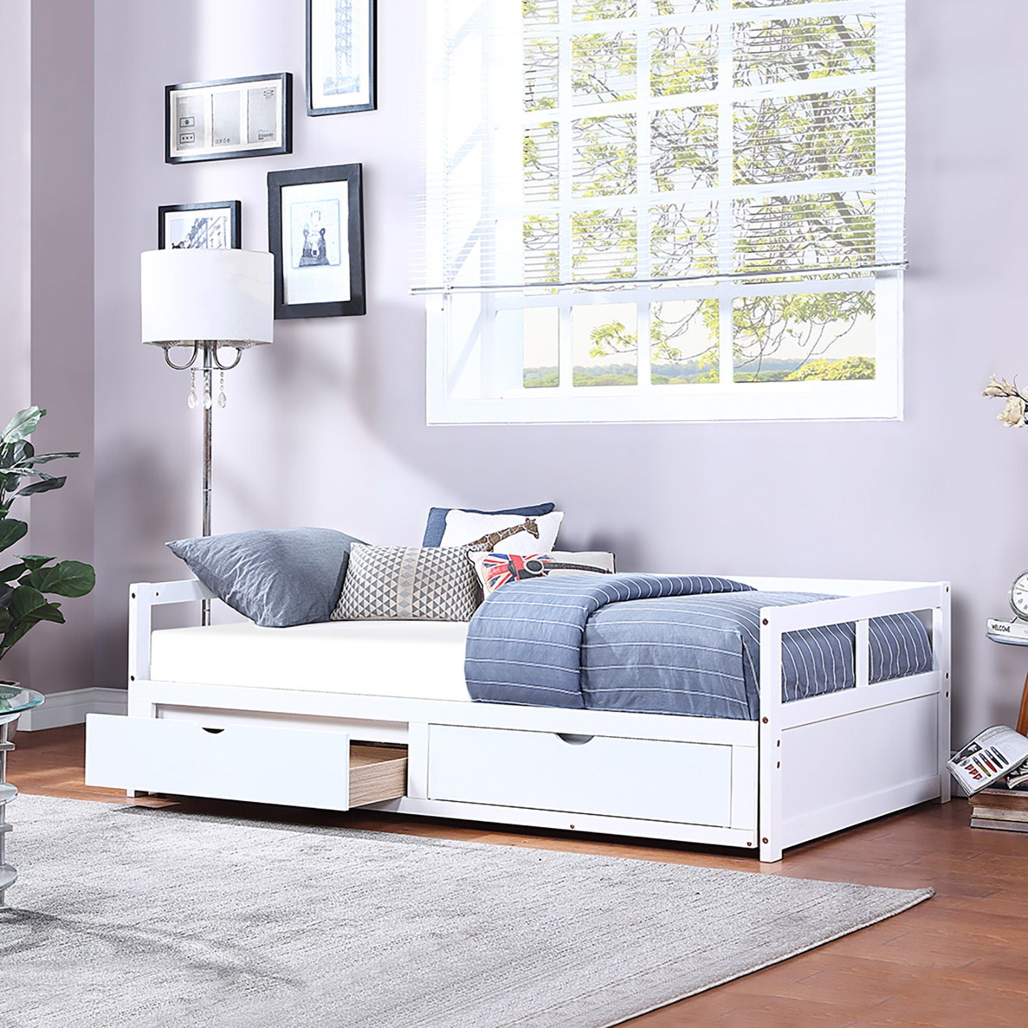 Wooden Daybed With Trundle Bed And Two Storage Drawers, Extendable Bed Daybed, Sofa Bed For Bedroom Living Room