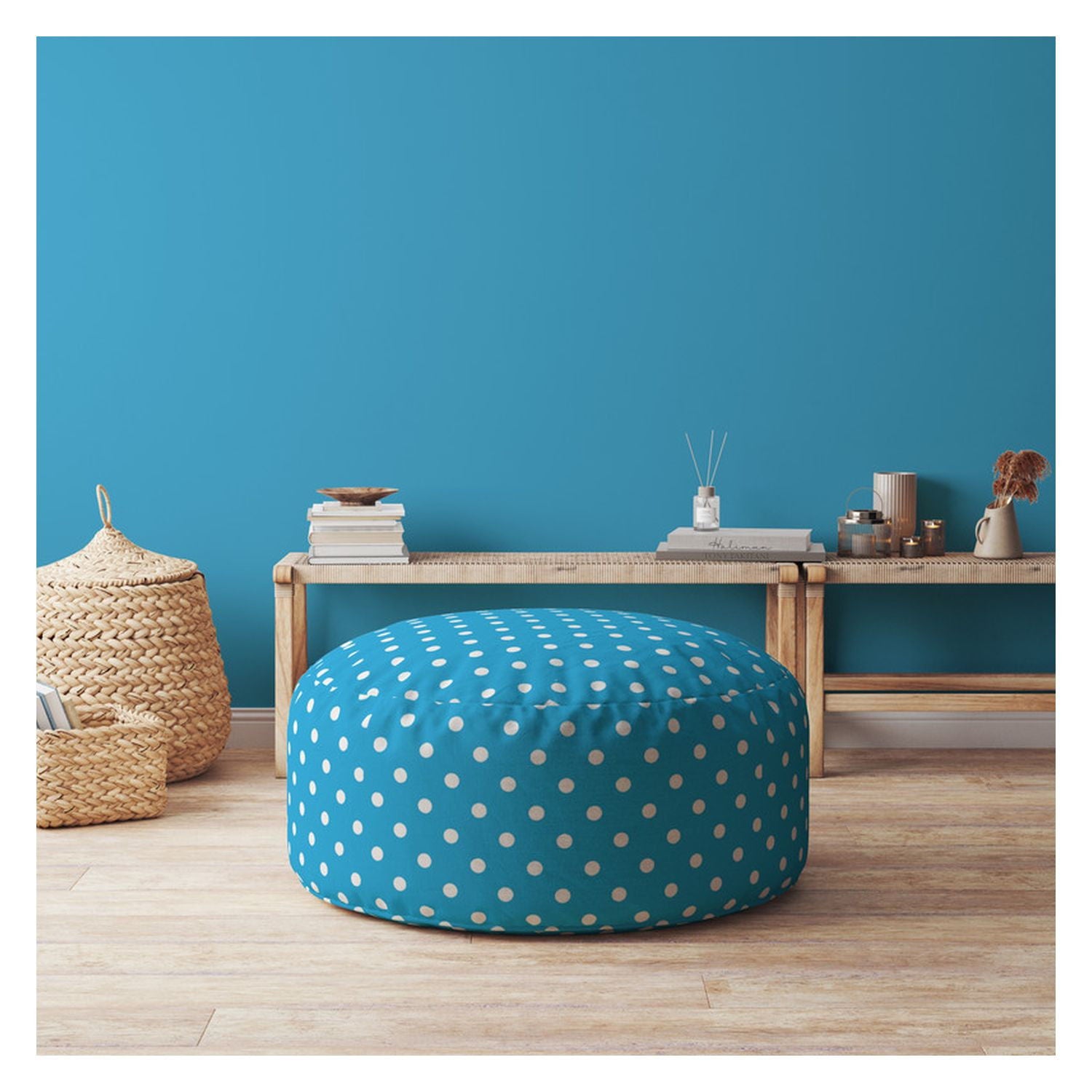 Cotton Round Polka Dots Pouf Cover - Blue / White