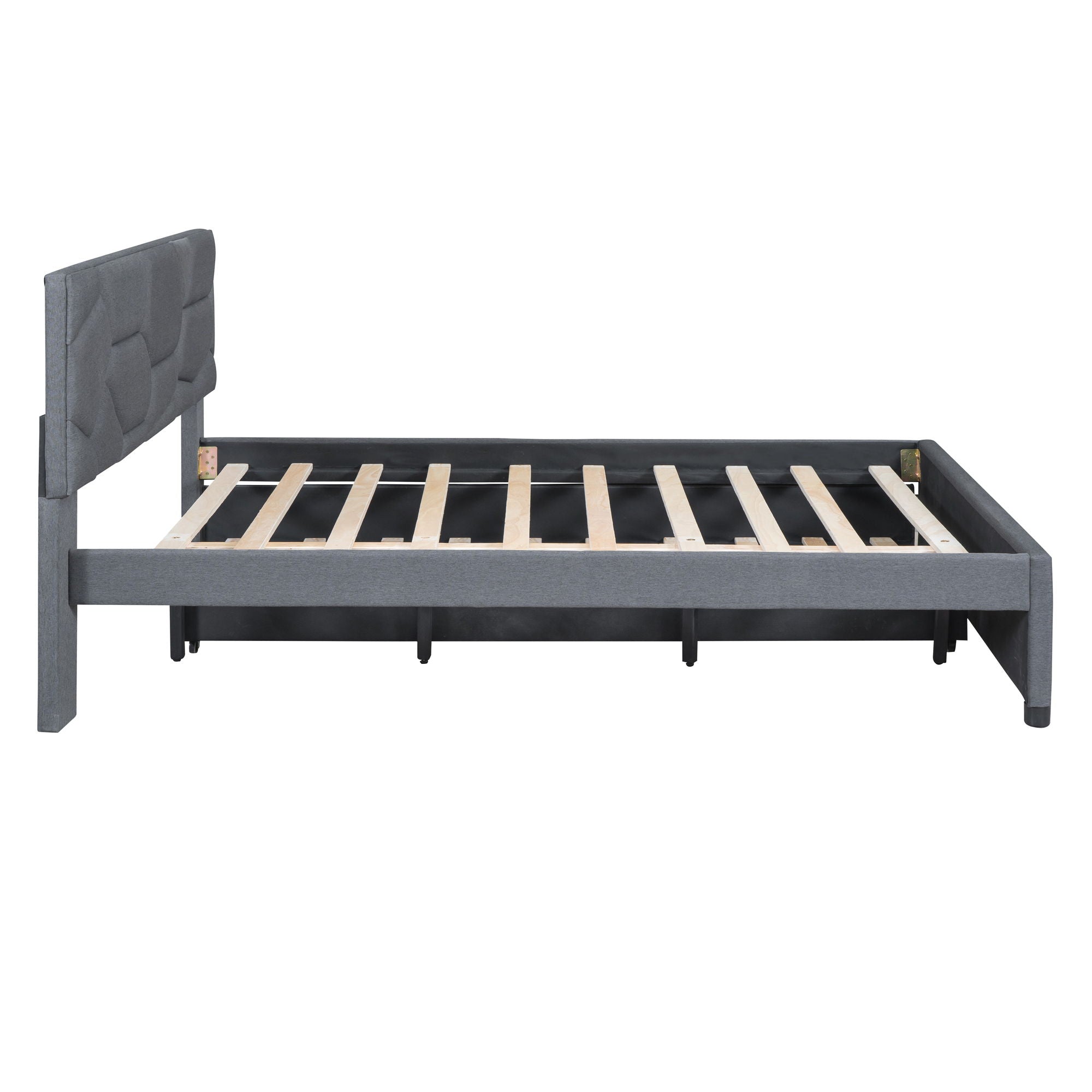 Upholstered Platform Bed With Brick Pattern Headboard And Twin Long Size Trundle