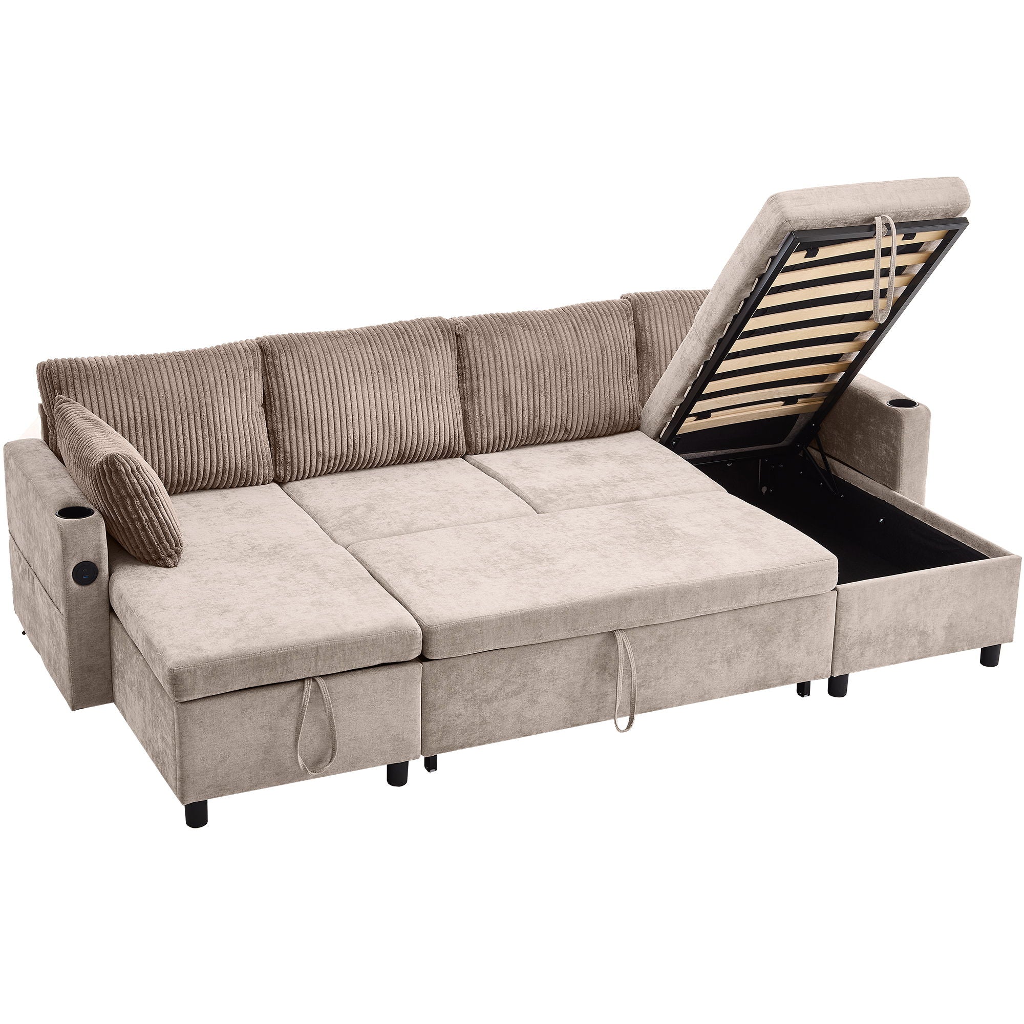 Sectional Sofa Pull Out Sofa Bed Versatile Sofa Sleeper With Large Storage Space, Two USB Ports And Two Cup Holders For Living Room