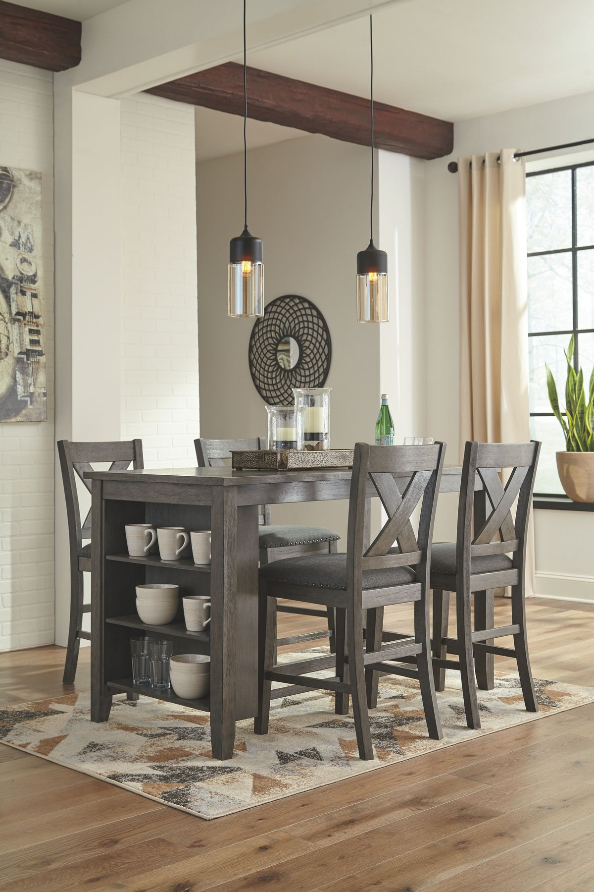 Caitbrook - Rectangular Counter Table Set Gray 5 Pc. - Rectangular Dining Room Counter Table, 4 Upholstered Barstools by Signature Design by Ashley® | Bel Furniture