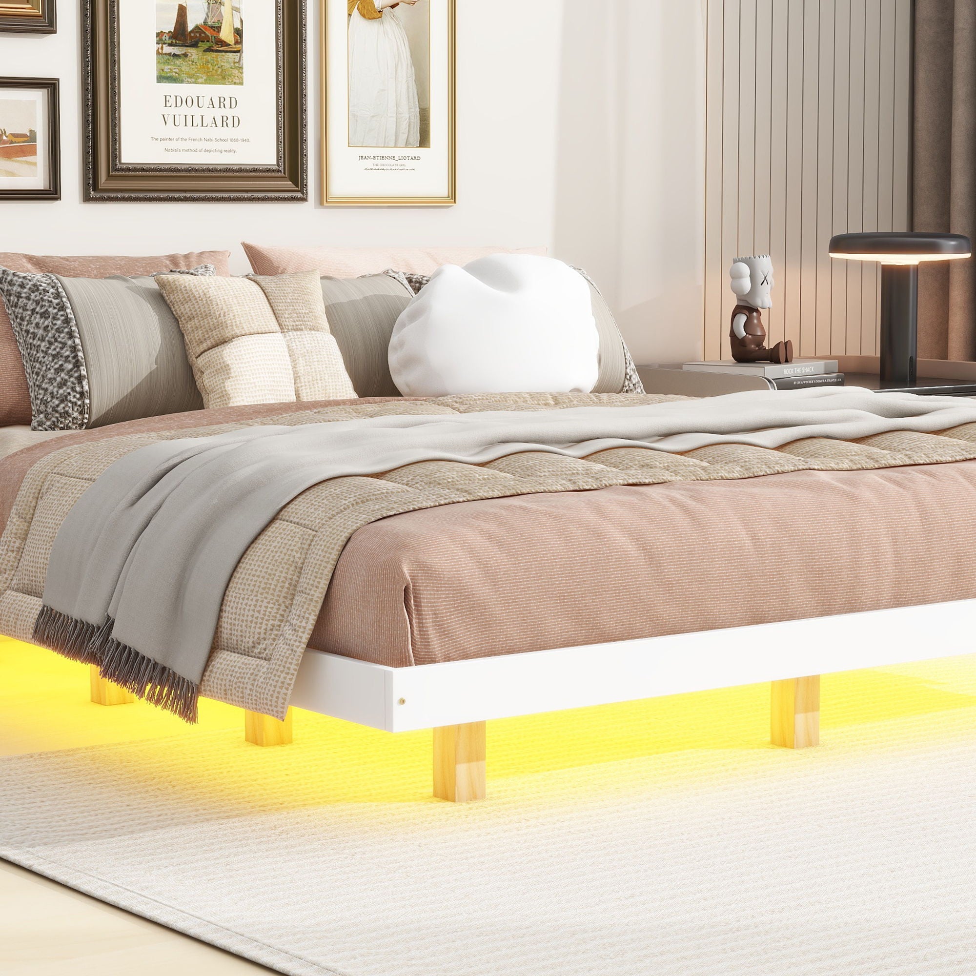 Floating Bed With Led Lights Underneath, Modern Queen Size Low Profile Platform Bed With Led Lights