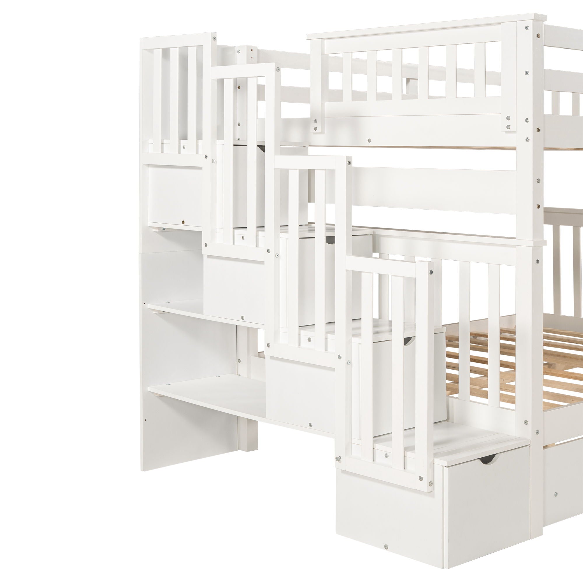 Full Over Full Bunk Bed With Shelves And 6 Storage Drawers - White