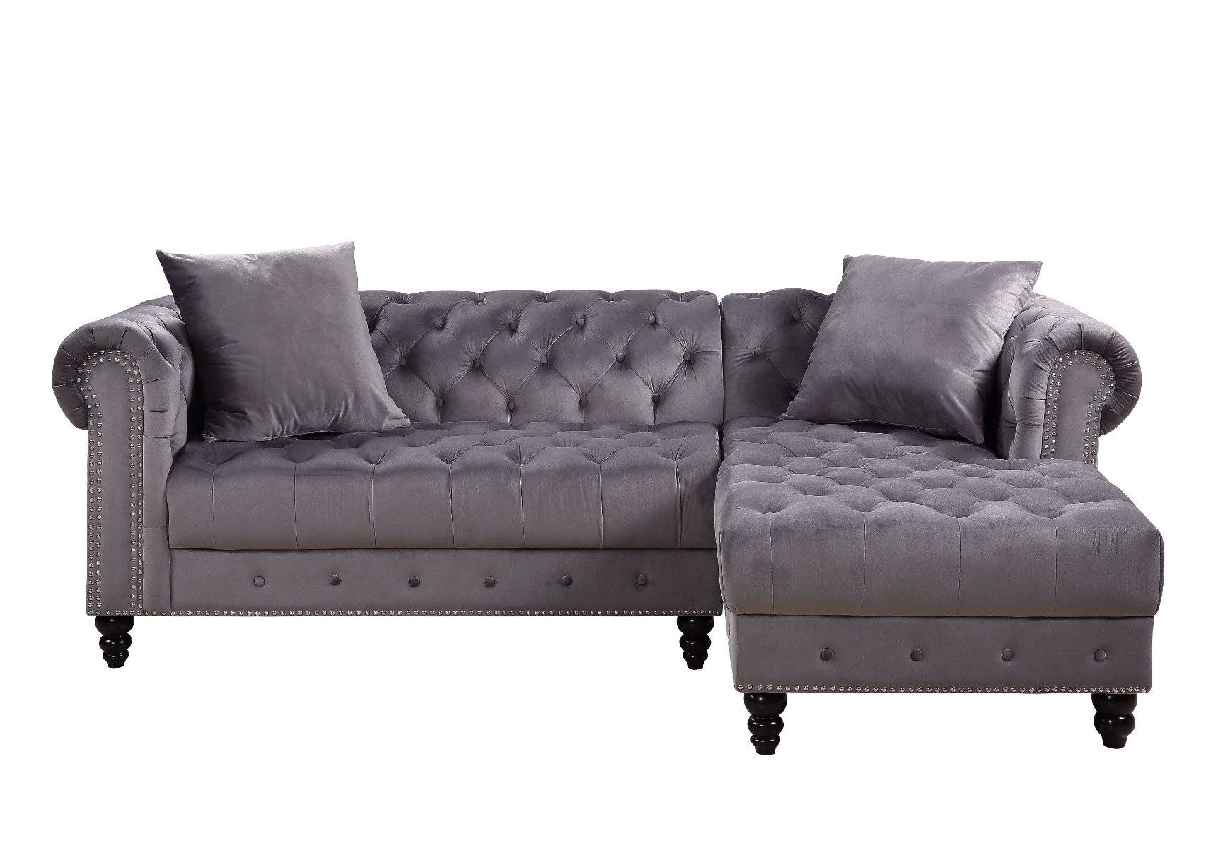 Velvet L Shaped Sofa And Chaise Sectional And Toss Pillows - Gray