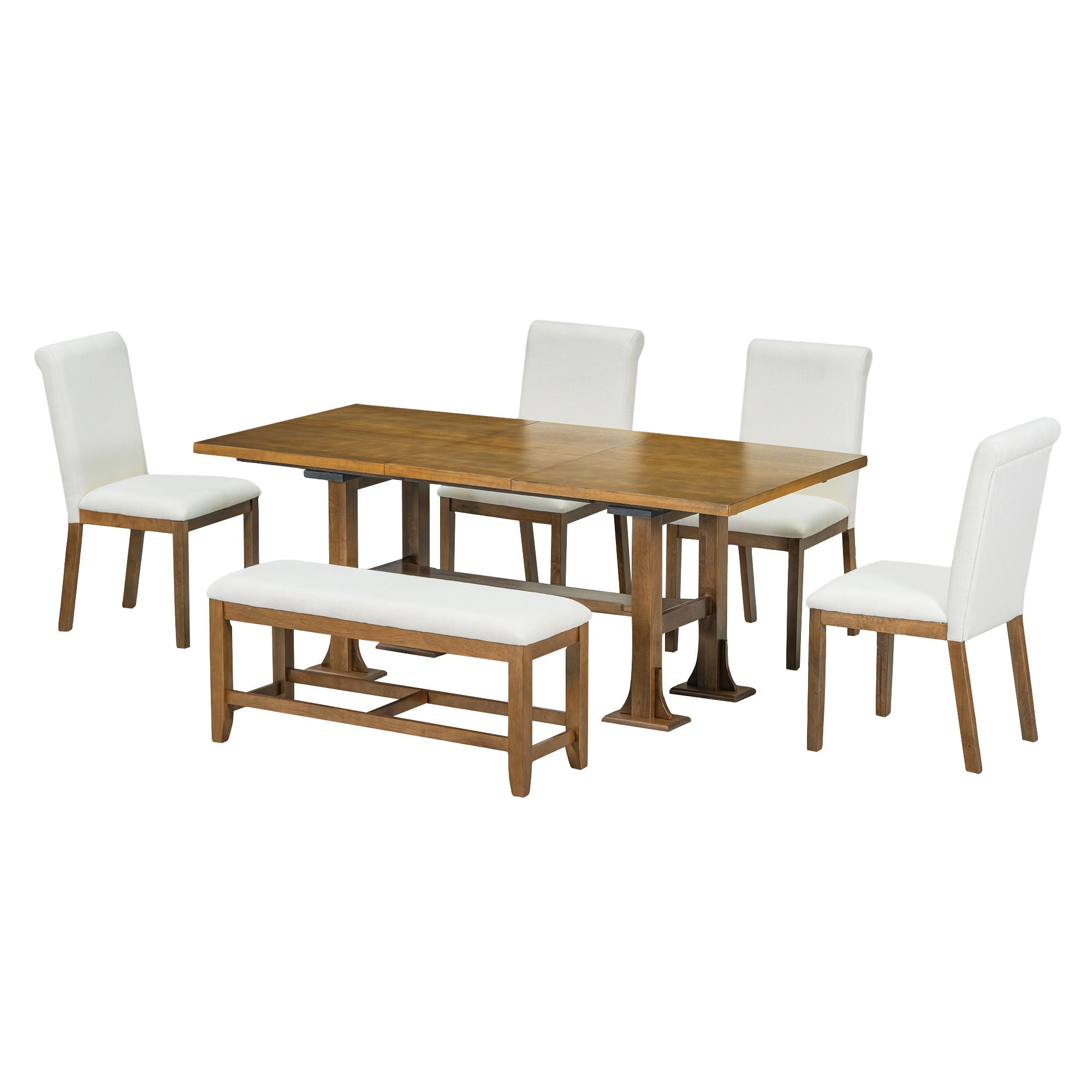 Topmax - 6 Piece Farmhouse Extendable Dining Table Set Trestle Kitchen Table Set With Removable Leaf And Upholstered Dining Chair And Bench For Dining Room