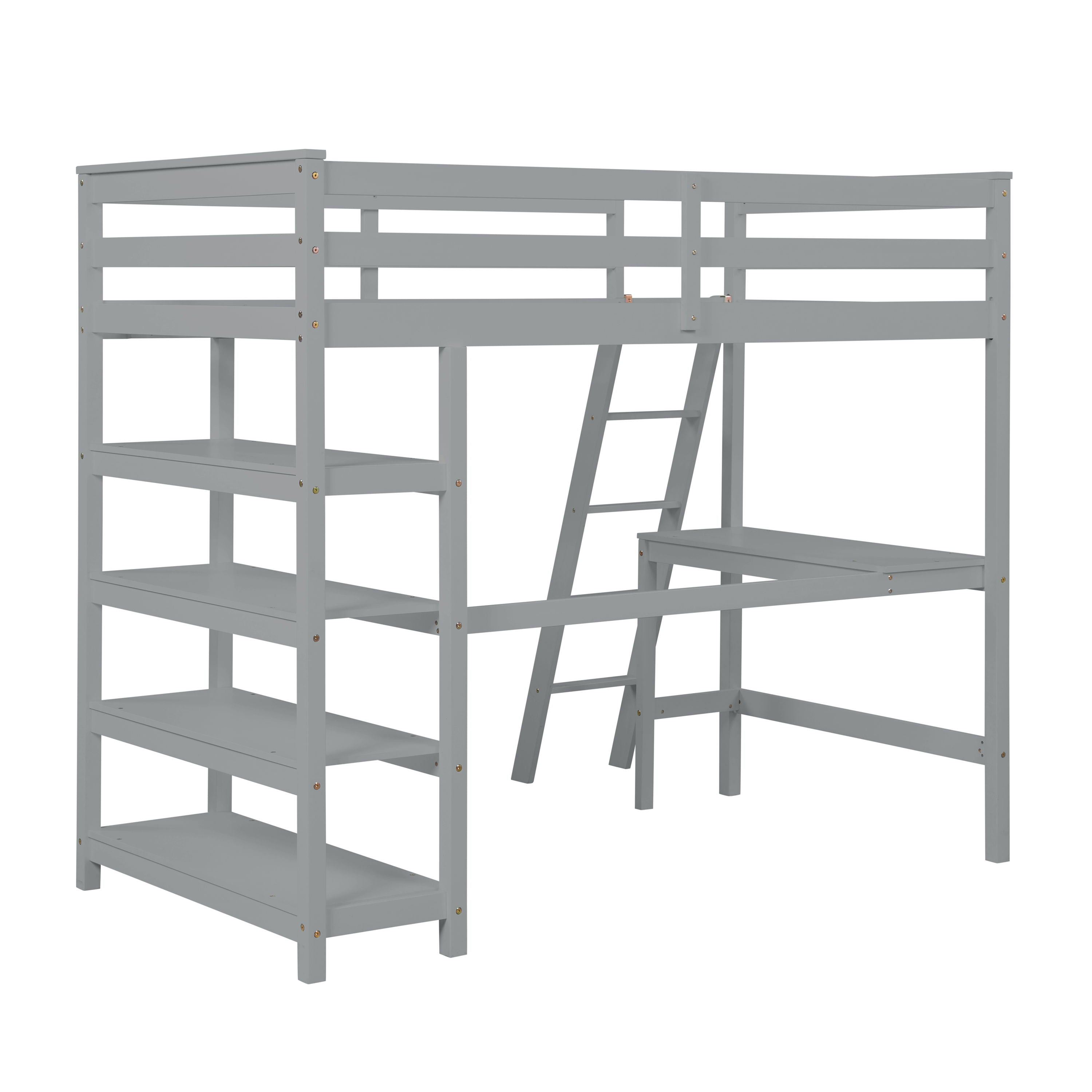 Loft Bed Twin With Desk, Ladder, Shelves - Gray