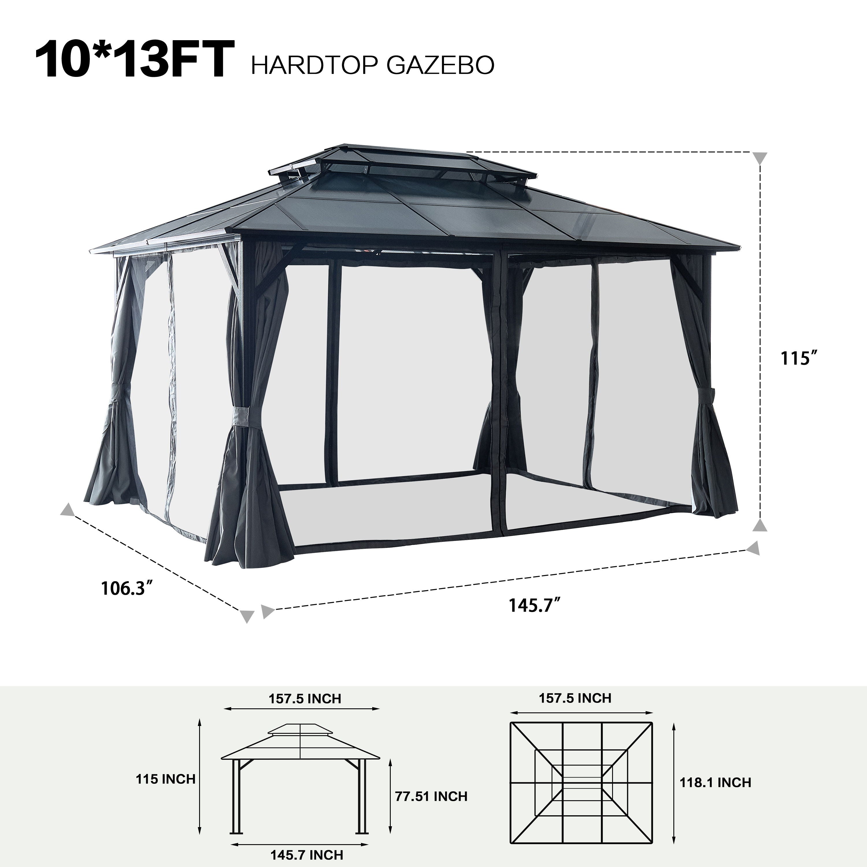 Hardtop Gazebo For Patios, Outdoor Framed Gazebo With Polycarbonate Double Roof Canopy, Solid Framed Gazebo With Privacy Curtains And Mosquito Nettings For Garden, Backyard