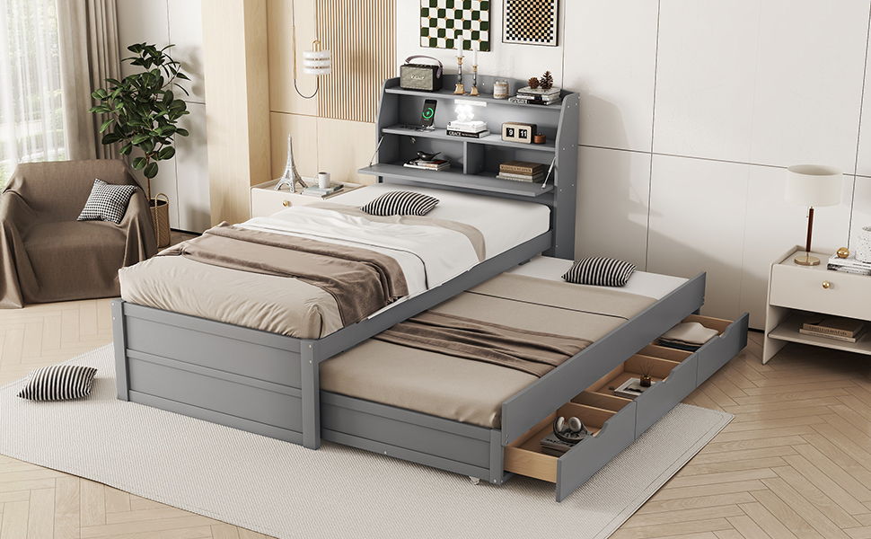 Wooden LED Platform Bed With Trundle, With Storage Headboard, With Drawers