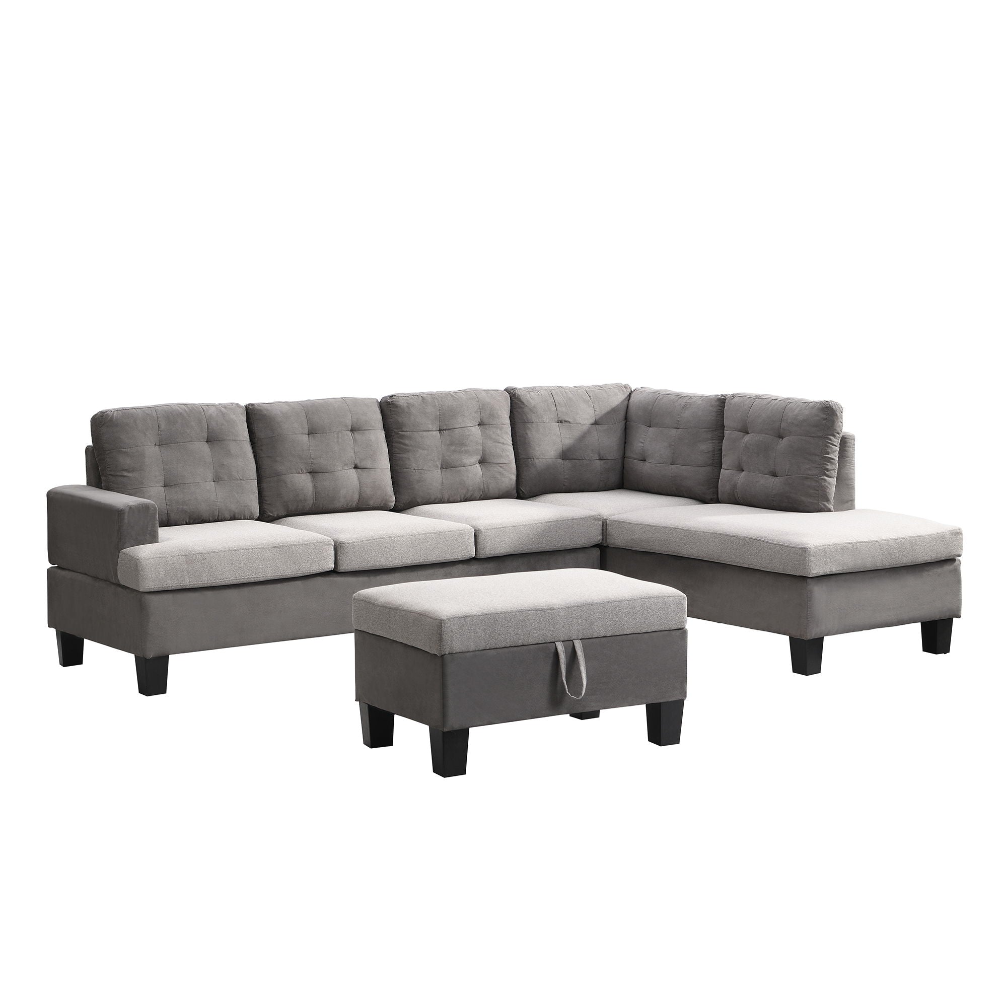 Sofa Set For Living Room With Chaise Lounge And Storage Ottoman, Living Room Furniture - Gray