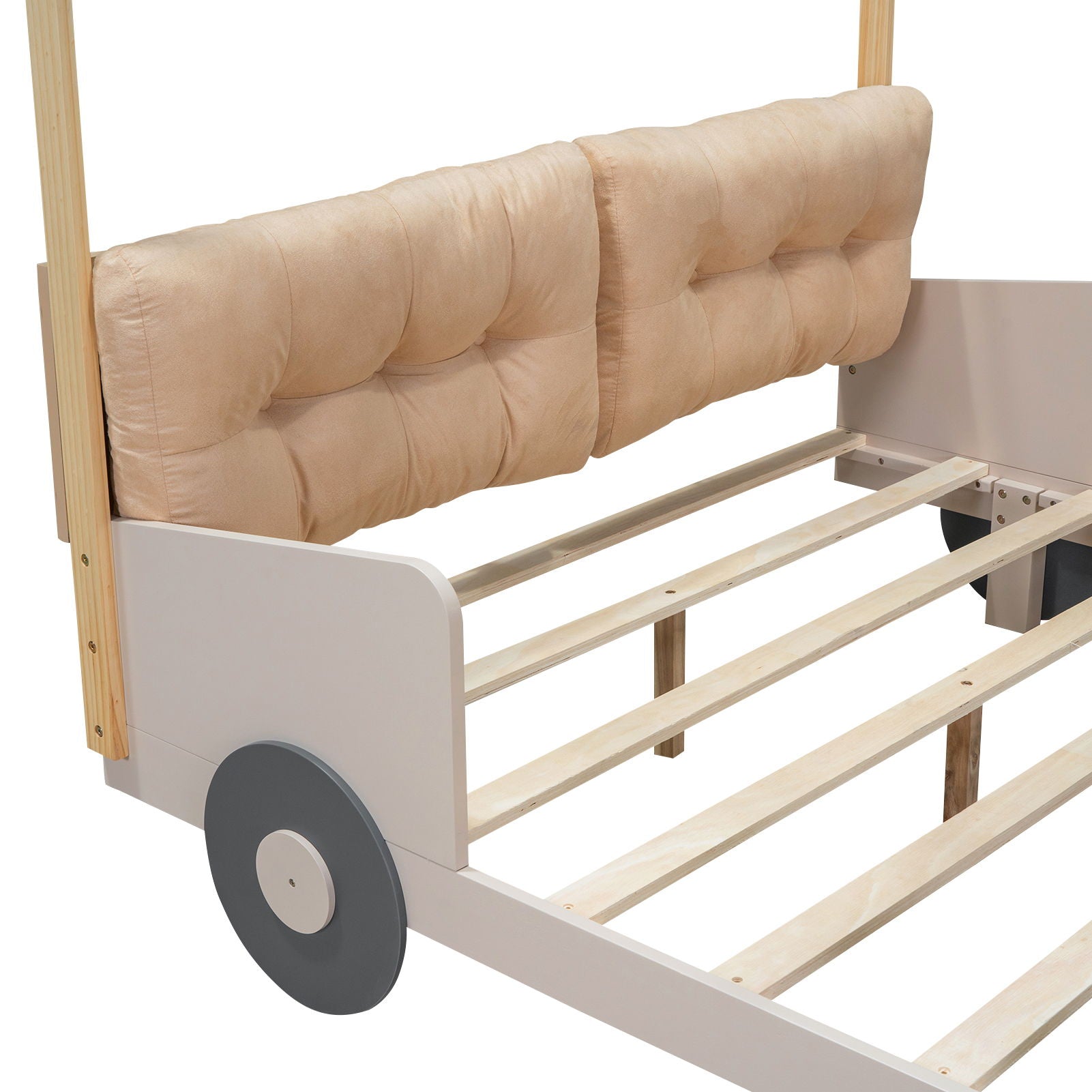 Wood Full Size Car Bed With Pillow, Ceiling Cloth And LED - Natural