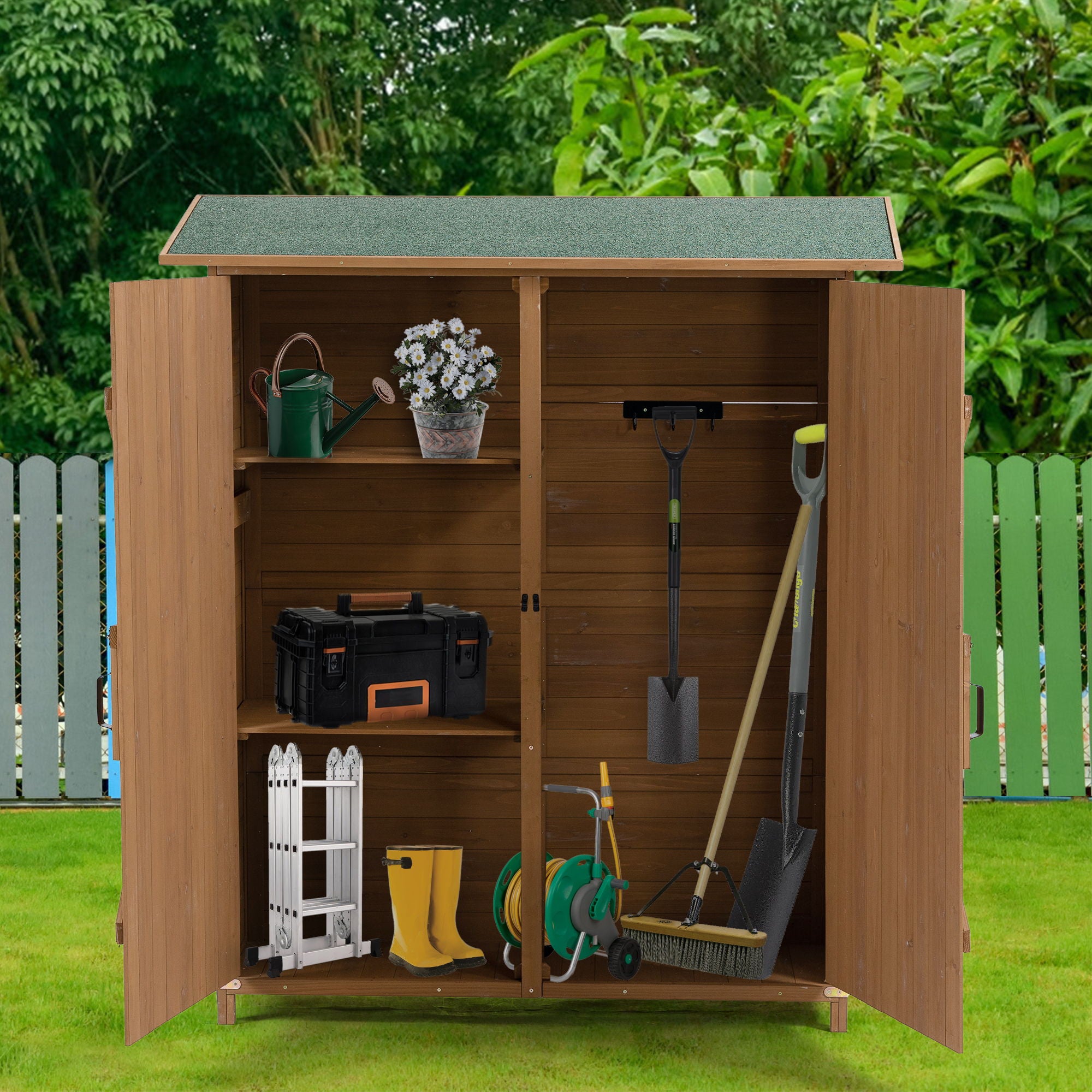 Outdoor Storage Shed With Lockable Door, Wooden Tool Storage Shed With Detachable Shelves & Pitch Roof