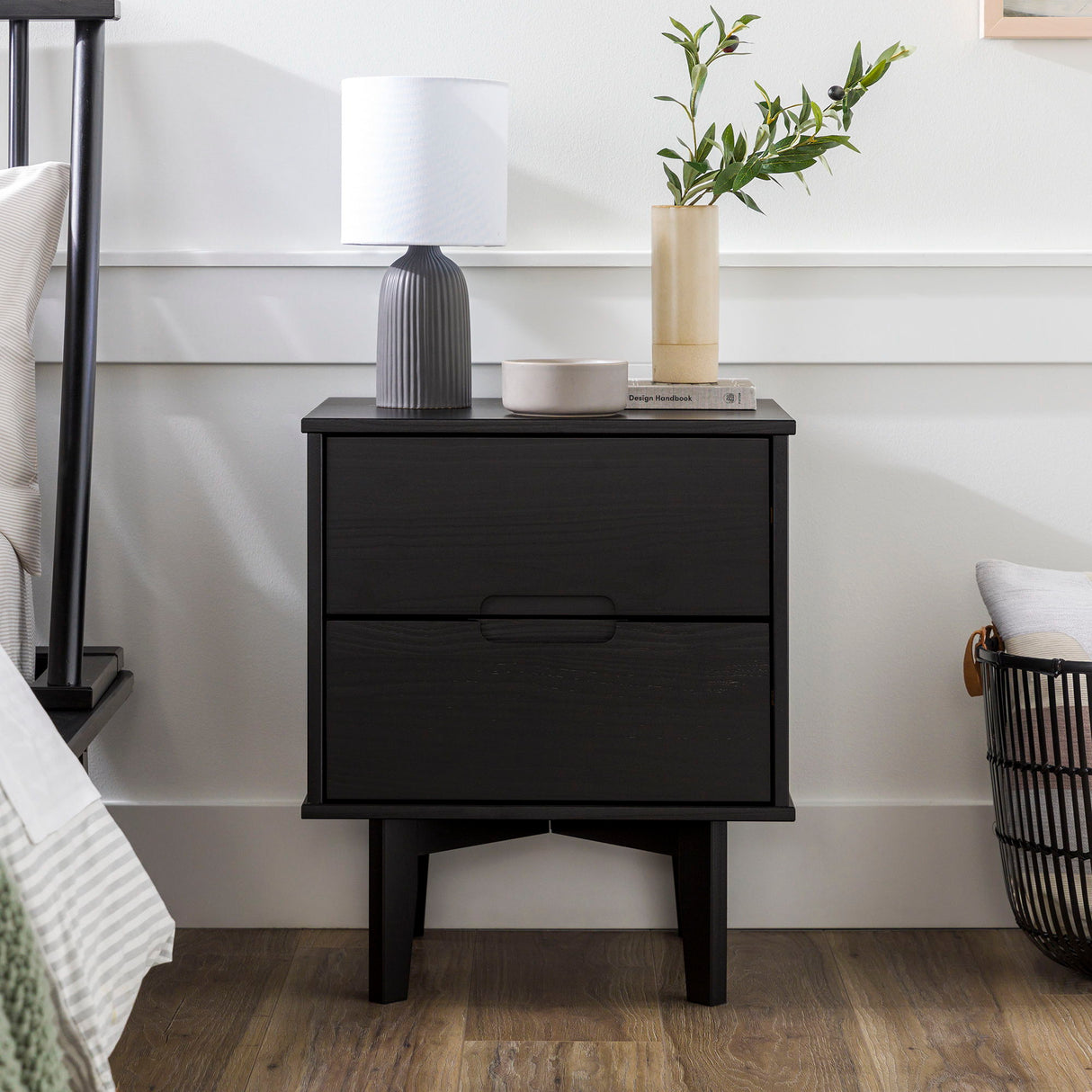 Mid-Century Modern 2 Drawer Solid Wood Nighstand With Cutout Handles by Walker Edison | Bel Furniture