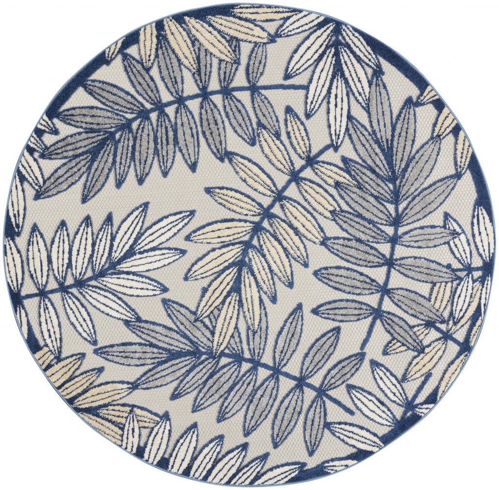 4' Round Round Floral Outdoor & Indoor Area Rug - Ivory / Blue