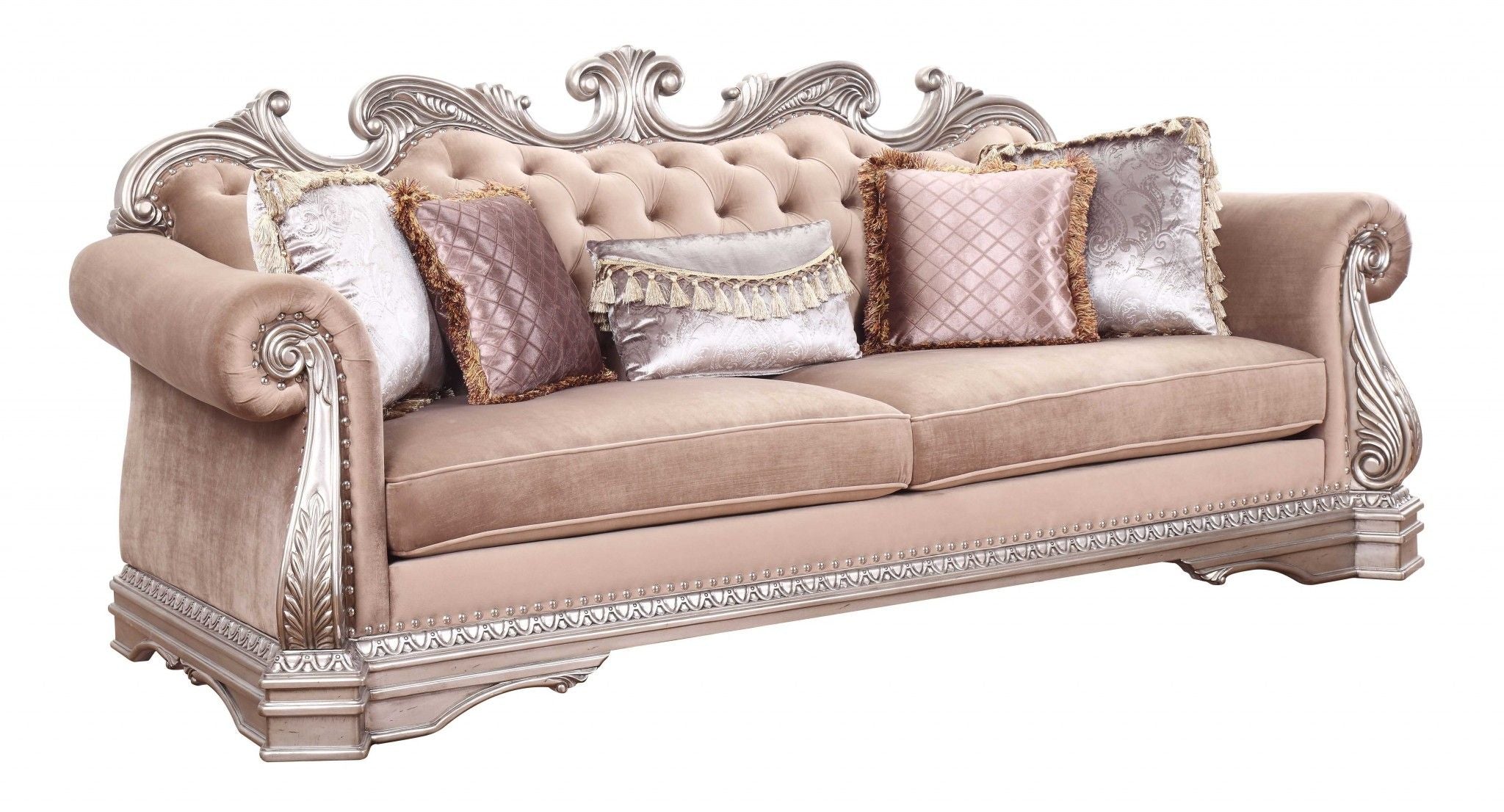 Velvet Sofa And Toss Pillows With Champagne Legs - Light Pink