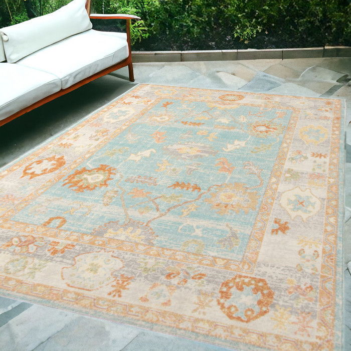 5' X 7' Floral Stain Resistant Outdoor / Indoor Area Rug - Blue / Orange