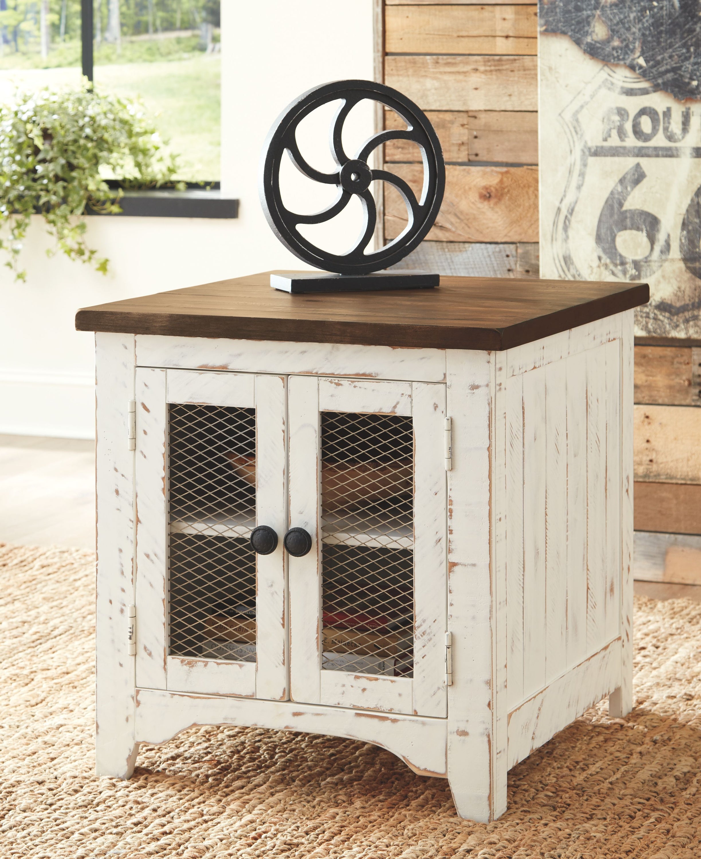 Wystfield - White / Brown - Rectangular End Table - 2 Doors