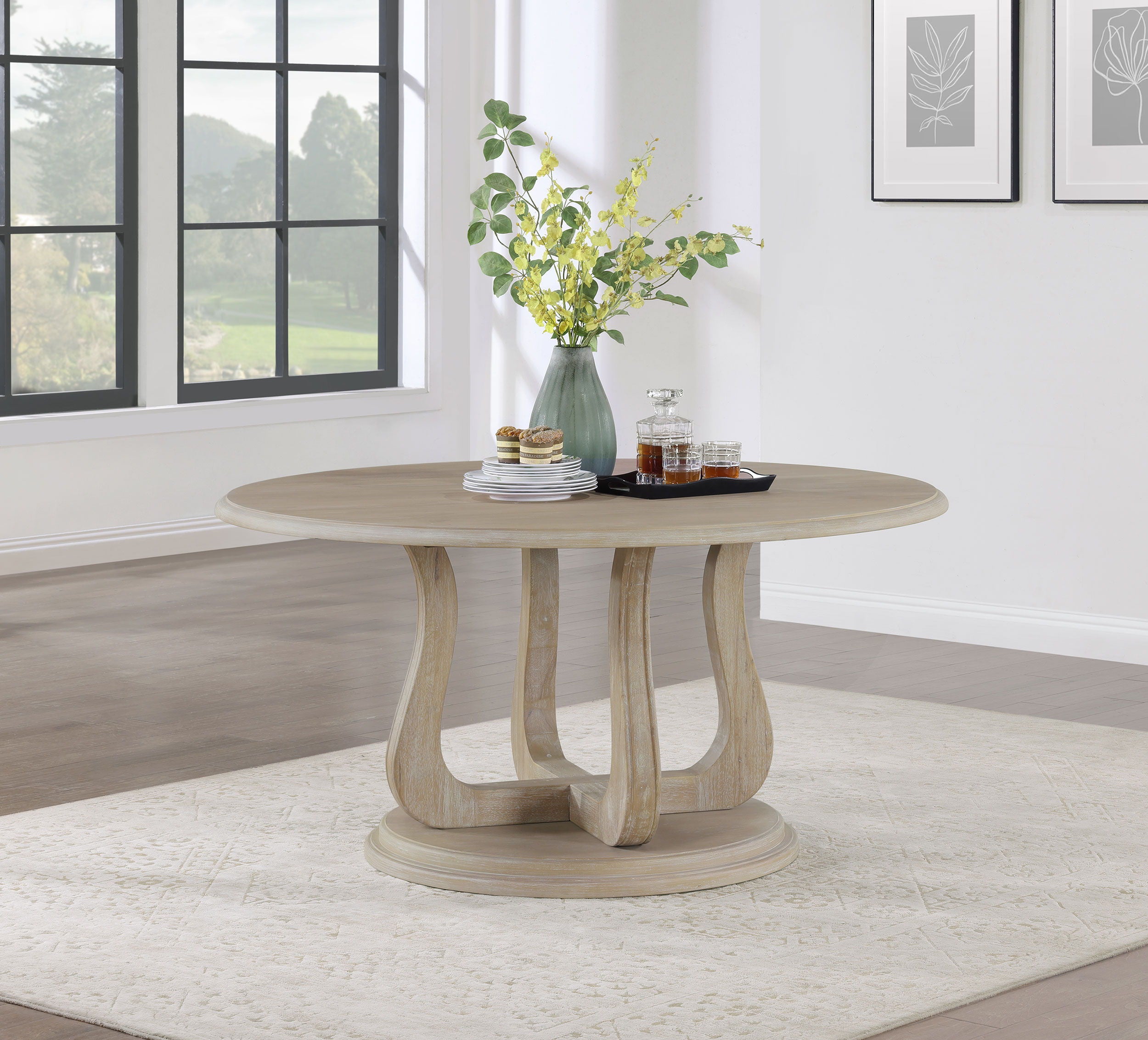 Trofello - Round Dining Table With Curved Pedestal Base - White Washed