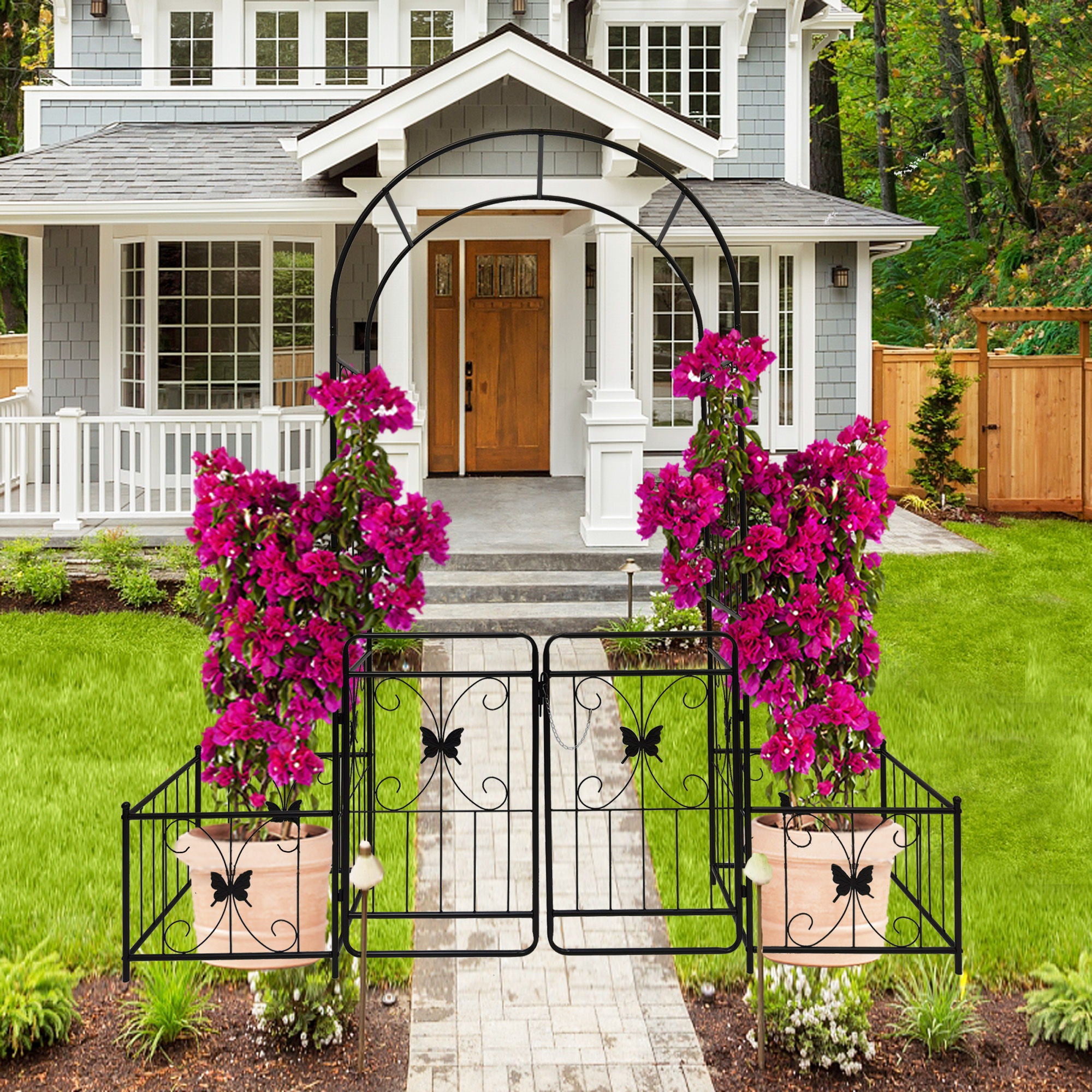 Metal Garden Arch With Gate High Climbing Plants Support Rose Arch Outdoor - Black