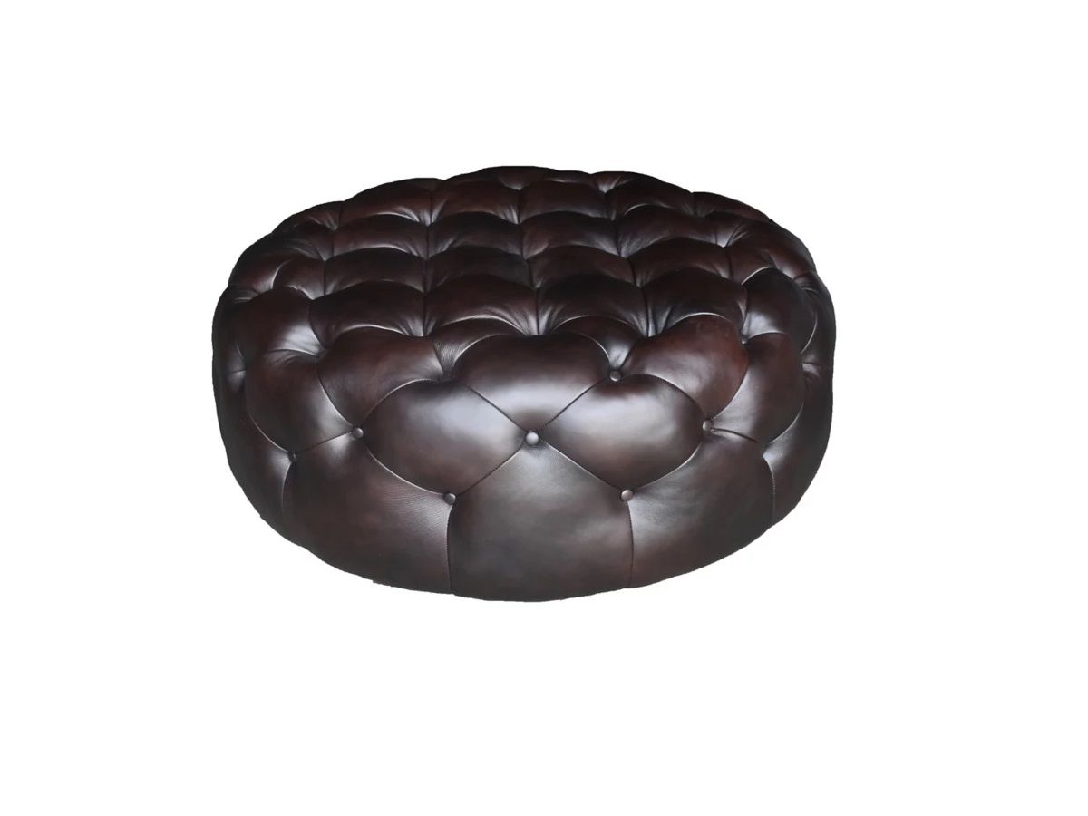 Genuine Leather And Dark Brown Tufted Round Ottoman - Brown