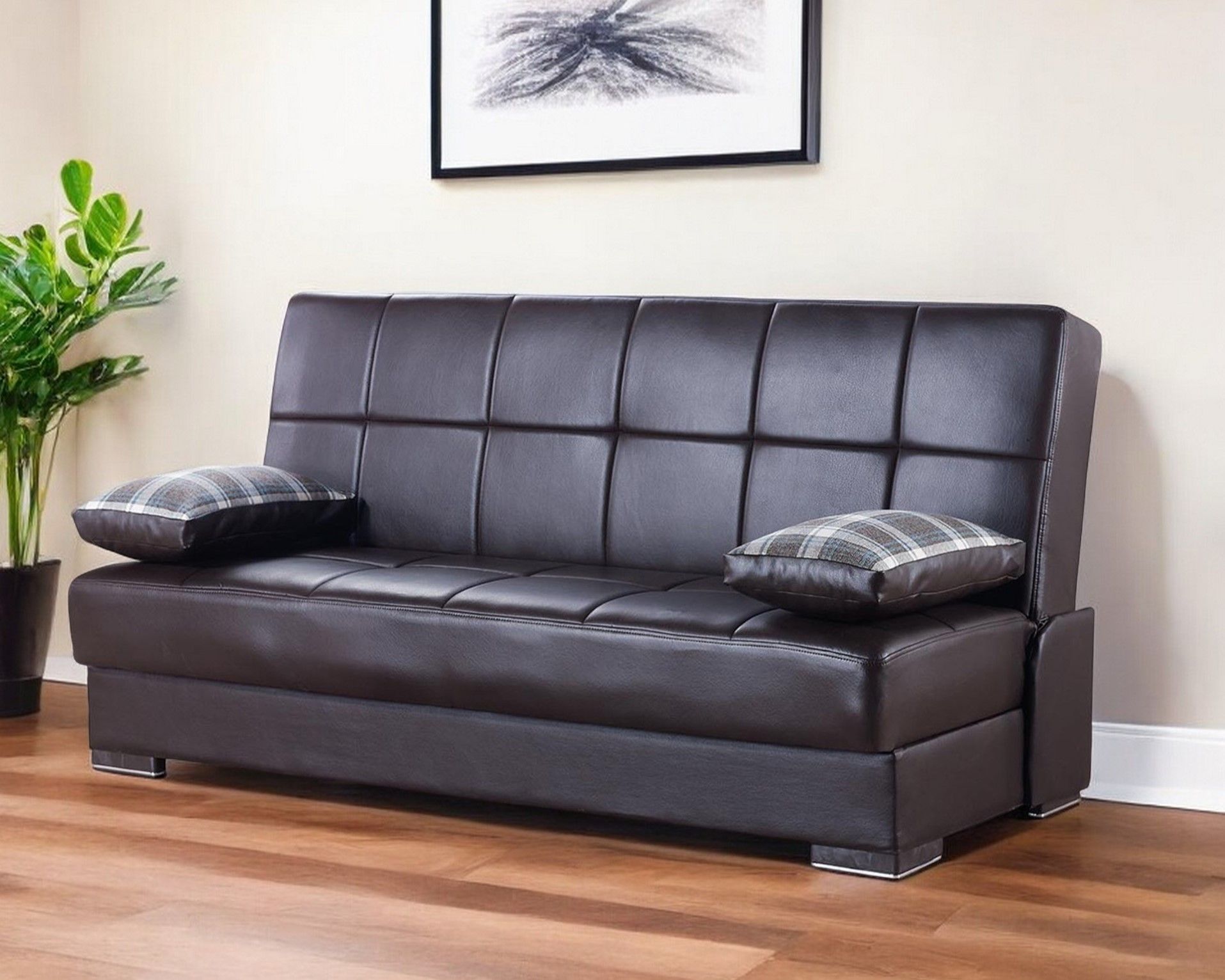 Sleeper Sofa Faux Leather And Toss Pillows With Brown Legs - Dark Brown