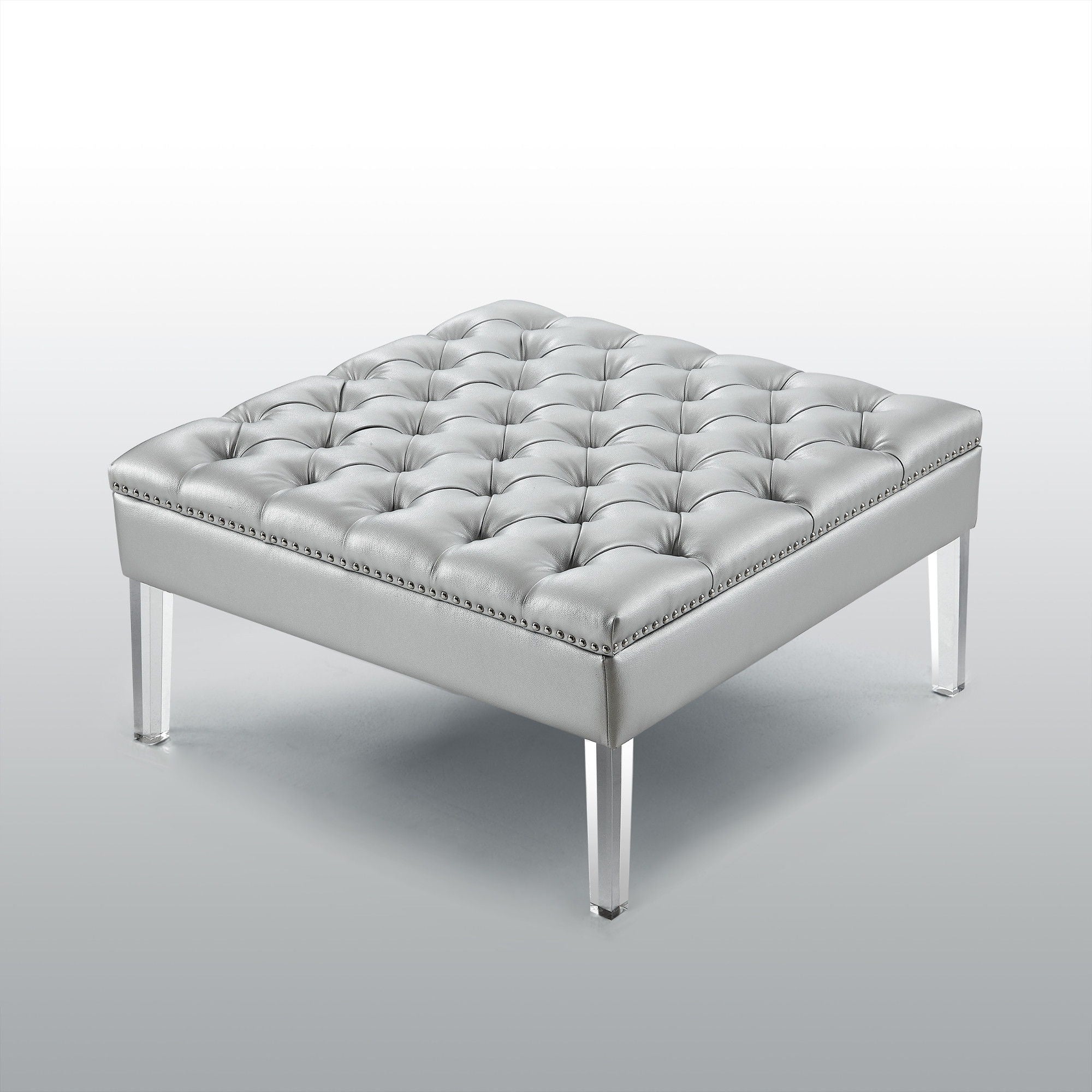 Faux Leather Tufted Cocktail Ottoman - Silver / Clear